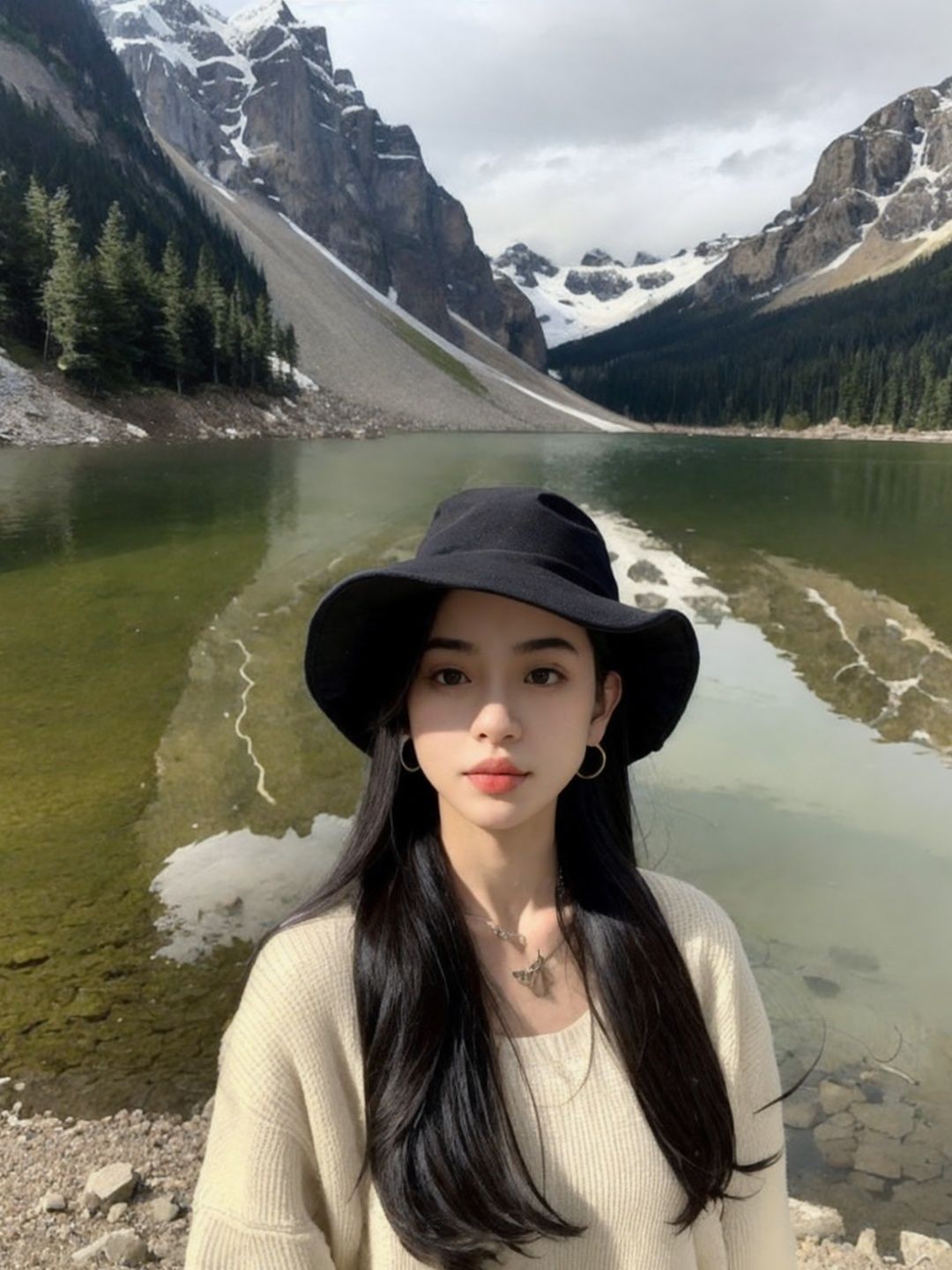 1girl, solo, hat, jewelry, long hair, realistic, black hair, earrings, outdoors, photo background, mountain, necklace, river, looking at viewer, lake, day, nature, upper body, black eyes, lips, a woman with long hair wearing a hat and a backpack near a lake and mountains with snow on the tops