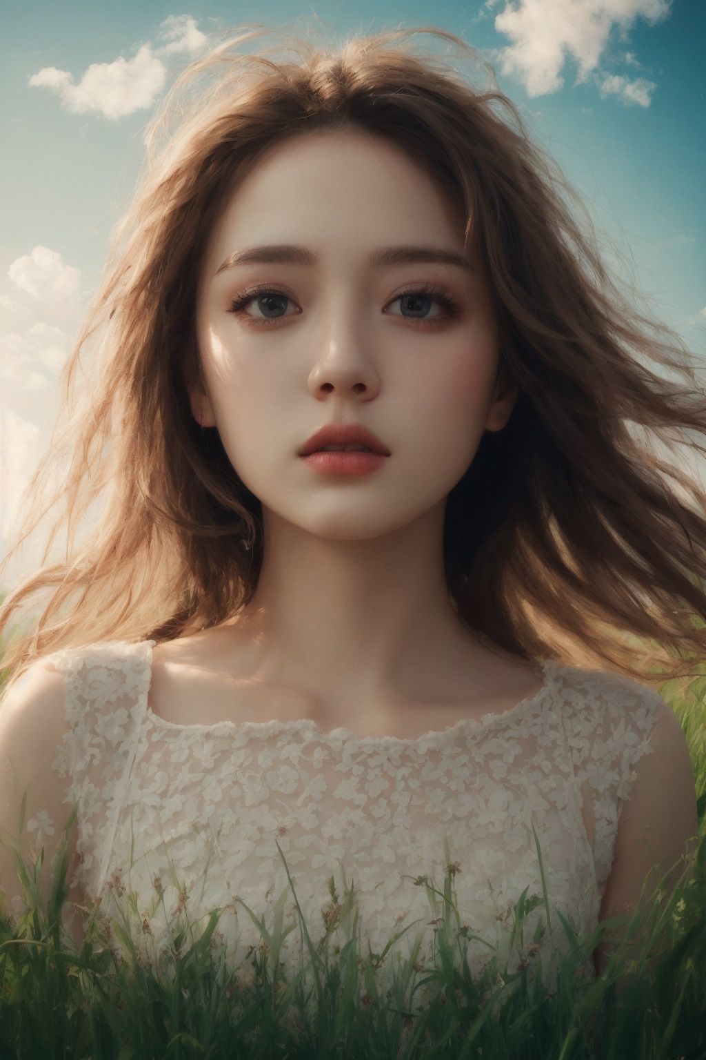 (masterpiece,best quality),HDR,high-definition,[[[Intricate Details]]],cinematic,photorealistic,1girl, (nsfw:0.7), flowy dress, illustration, fisheye lens, high contrast, sharp focus, digital painting, beautiful clouds, flowing hair, high grass, high angle, very deep eyes, cute face