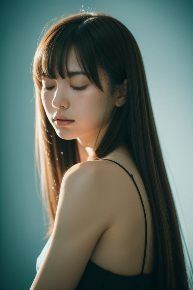  cinematic film still 1girl,closed eyes,light blue,Straight hair,long hair,light cream,upper body,light simple background,looking at viewer,blunt bangs,, . shallow depth of field, vignette, highly detailed, high budget, bokeh, cinemascope, moody, epic, gorgeous, film grain, grainy