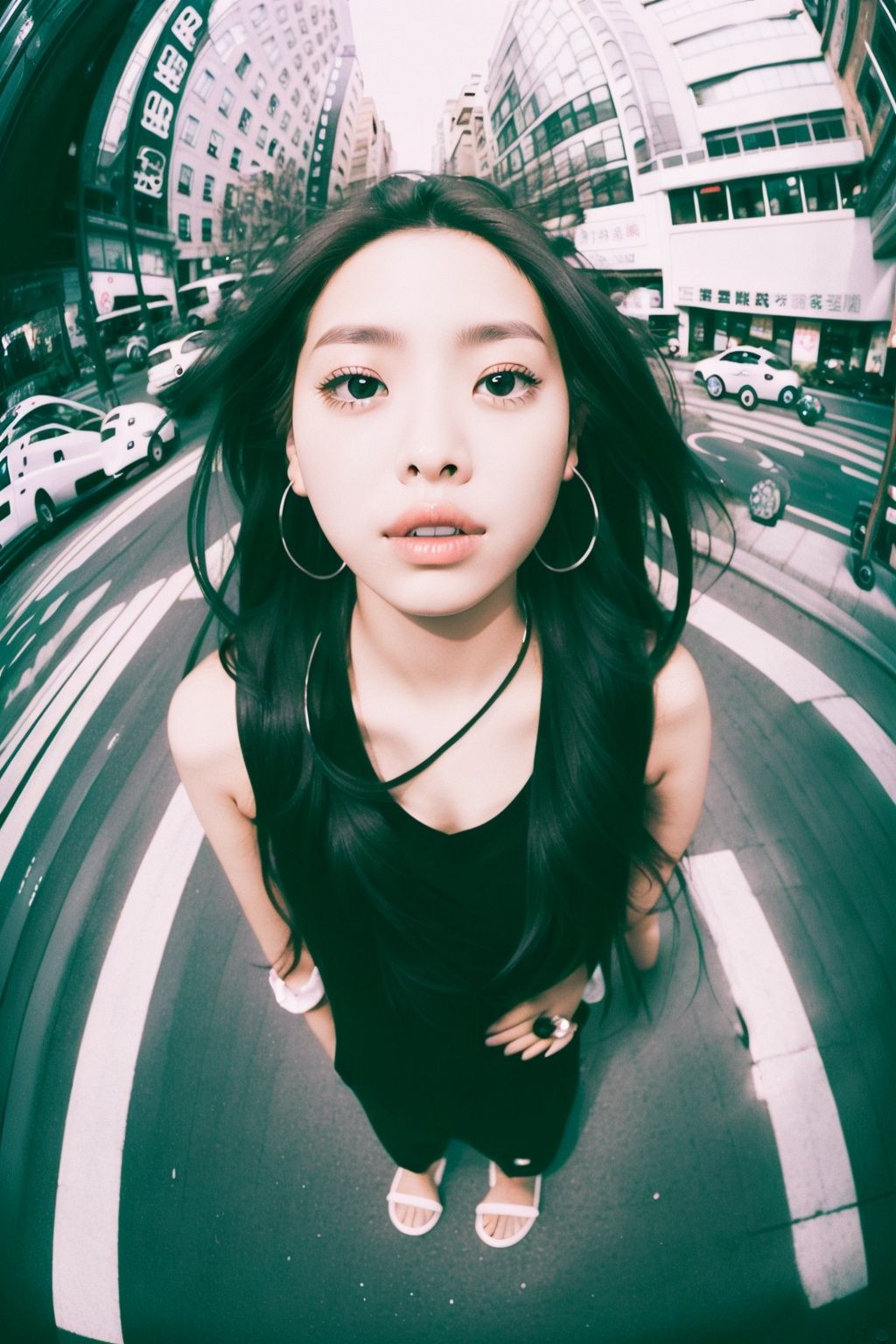  portrait of a girl in street, fish_eye, monkren