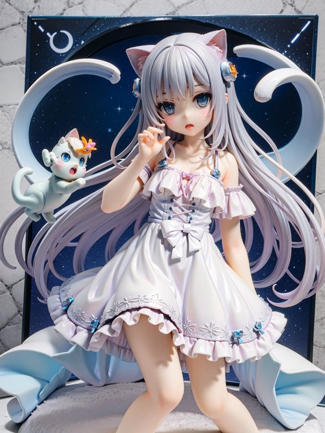 {{masterpiece}},hair ornament,loli,a girl,Poor milk,flat breast,white long hair,grey hair,cat ears,blue eyes,cat tail,nacho,handmade style,long_hair,night dress,