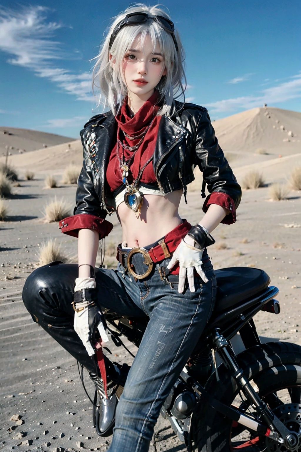 best quality, masterpiec8K.HDR. highresabsurdres:1.2, Kodak portra 400, film grain,geya,1girl,sitting,white hair,gloves,leather,black pants,boots,belt,jewelry,red scarf,leather jacket,cropped jacket,crop top,goggles on head,motorcycle,look at viewer,streaked hair, red hair,sand, <lora:xishi:0.4> <lora:害羞7:0.4> <lora:关你PS:0.4>