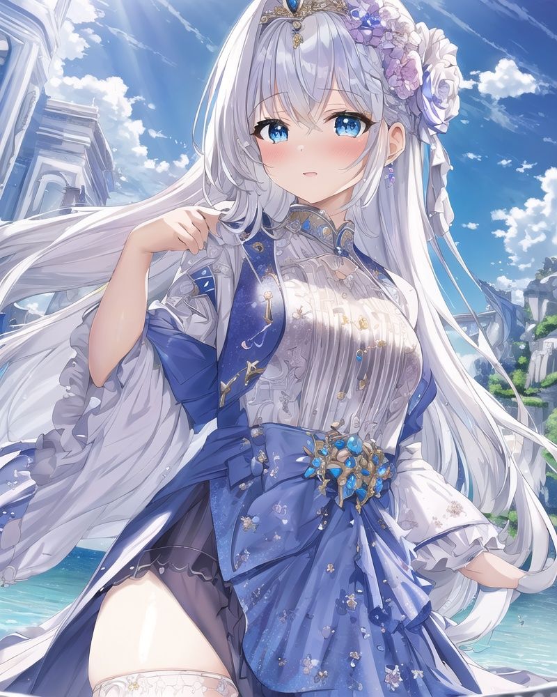 {{{masterpiece}}},{extremely detailed CG unity 16k wallpaper},{best quality},{1girl},{loli},white hair,beautiful detailed blue eyes,hair ornament,tiara,Blush,Amazing,finely detail,solo,cinematic lighting,close-up,(complex details:1.2,illustrated),high details,high-resolution,beautiful detailed water,beautiful detailed sky,bright pupil f/full bodyl,dynamic angl