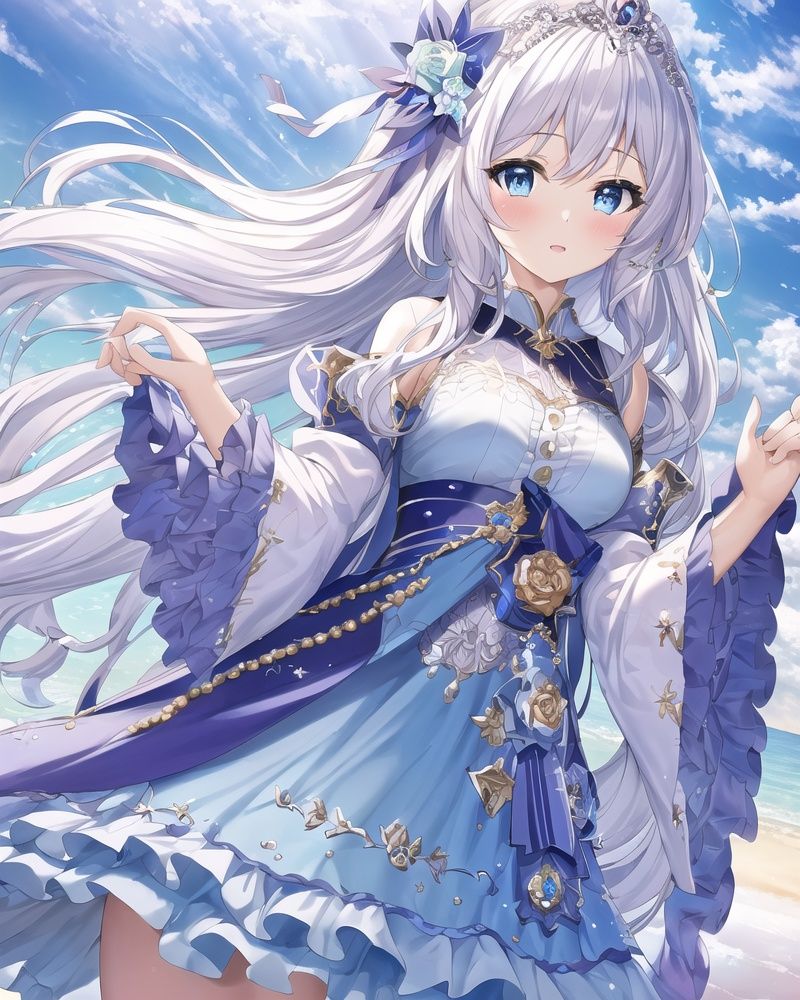 {{{masterpiece}}},{extremely detailed CG unity 16k wallpaper},{best quality},{1girl},{loli},white hair,beautiful detailed blue eyes,hair ornament,tiara,Blush,Amazing,finely detail,solo,cinematic lighting,close-up,(complex details:1.2,illustrated),high details,high-resolution,beautiful detailed water,beautiful detailed sky,bright pupil f/full bodyl,dynamic angl