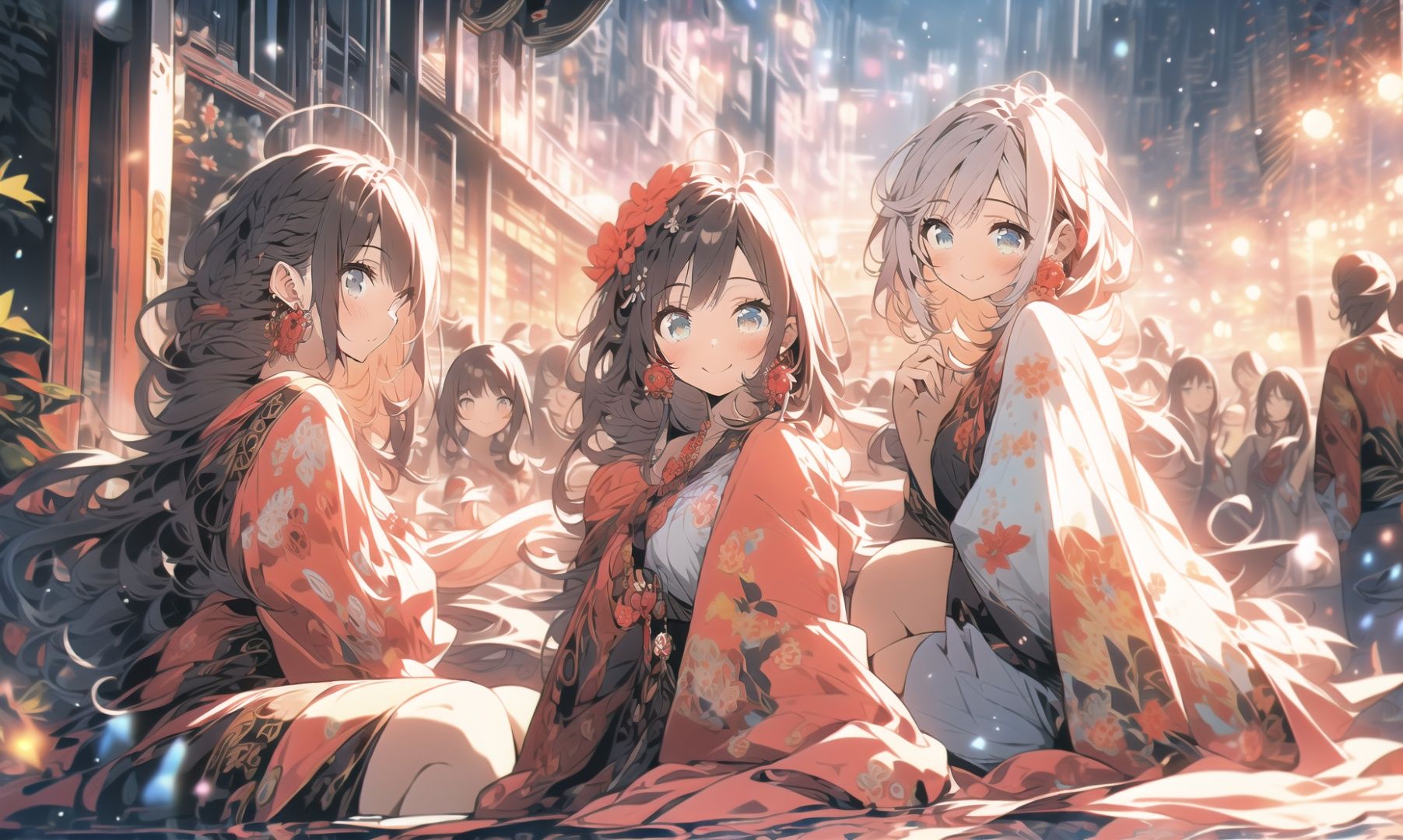 (swimsuit skirt:1),(best quality:1),masterpiece,(1girl),(very long Shawl curly hair::1.5),flower,Slender legs,finely detail,masterpiece,(best quality:1),official art,extremely detailed CG unity 32k wallpaper,ultra-detailed,highres,Expose breasts,extremely detailed beautiful detailed girl,outdoors,sweet_lolita,blue eyes,Beautiful  blue eyes,Lovely face,(white hair:1),happy,laughing,loli,kahuka1,flowers,,white hair,earings,cinematic lighting,red clothes,cozy anime,midijourney,Colorful portraits,midjourney,nijistyle
