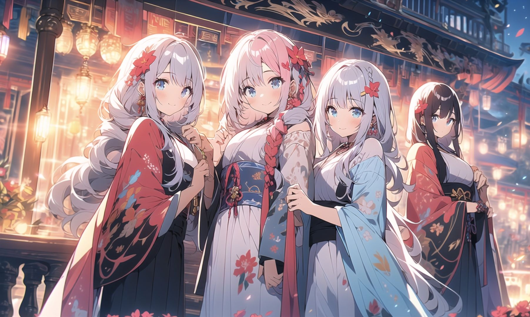 (swimsuit skirt:1),(best quality:1),masterpiece,(1girl),(very long Shawl curly hair::1.5),flower,Slender legs,finely detail,masterpiece,(best quality:1),official art,extremely detailed CG unity 32k wallpaper,ultra-detailed,highres,Expose breasts,extremely detailed beautiful detailed girl,outdoors,sweet_lolita,blue eyes,Beautiful  blue eyes,Lovely face,(white hair:1),happy,laughing,loli,kahuka1,flowers,,white hair,earings,cinematic lighting,red clothes,cozy anime,midijourney,Colorful portraits,midjourney