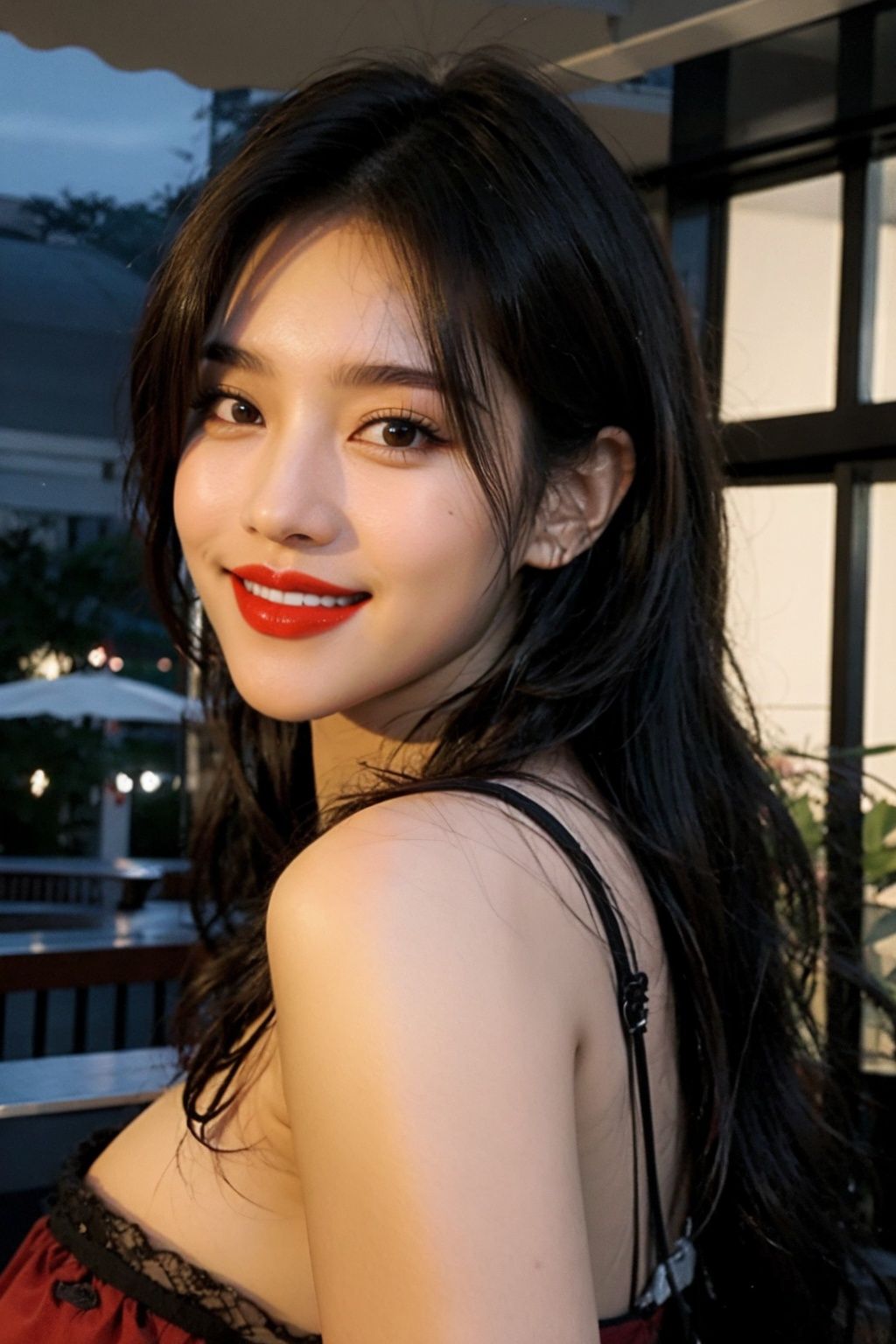1girl,wasabidang,<lora:wasabidang:0.8>,best quality,ultra high res,(photorealistic:1.4),(detailed beautiful girl:1.4),(medium breasts:0.8),Detailed facial details,beautiful detailed eyes,teenage,slender,smile,(makeup:0.4),(red lips:1.3),(Night:1.2),(ulzzang-6500-v1.1:0.3),