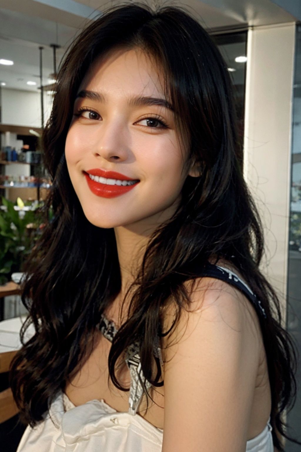 1girl,wasabidang,<lora:wasabidang:1>,best quality,ultra high res,(photorealistic:1.4),(detailed beautiful girl:1.4),(medium breasts:0.8),Detailed facial details,beautiful detailed eyes,teenage,slender,smile,(makeup:0.4),(red lips:1.3),(Night:1.2),(ulzzang-6500-v1.1:0.3),