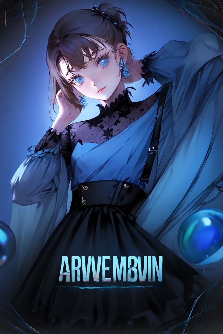 e style thriller posterl,1girl, solo,character name, english font,Audrey Hepburn's face, blue theme,   <lora:海报64d032:1>