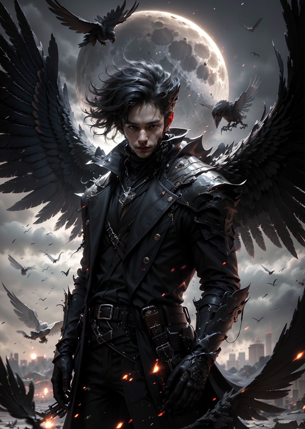 BJ_Daemon, solo, looking_at_viewer, short_hair, black_hair, gloves, 1boy, closed_mouth, standing, male_focus, wings, black_gloves, belt, coat, bird, moon, full_moon, black_wings, black_coat, crow, black_feathers,cinematic lighting,strong contrast,high level of detail,Best quality,masterpiece,White background,<lora:Daemon:0.7>,