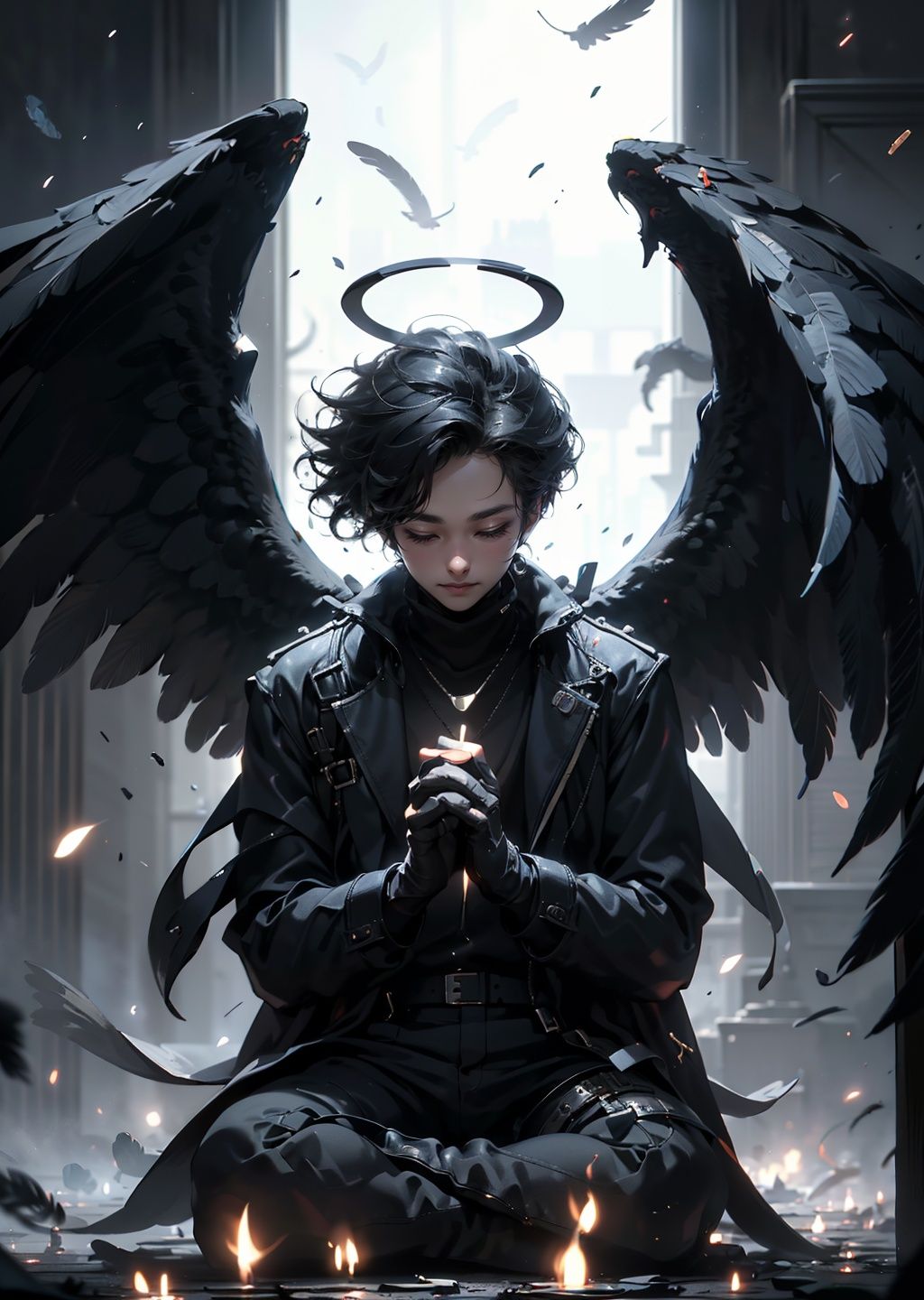 BJ_Daemon,solo,smile,short_hair,shirt,black_hair,gloves,long_sleeves,1boy,sitting,closed_mouth,jacket,closed_eyes,male_focus,wings,black_gloves,pants,indoors,black_footwear,black_jacket,halo,black_pants,own_hands_together,feathers,feathered_wings,facing_viewer,black_wings,angel_wings,angel,candle,praying,black_feathers,cinematic lighting,strong contrast,high level of detail,Best quality,masterpiece,White background,<lora:Daemon-000018:0.7>,