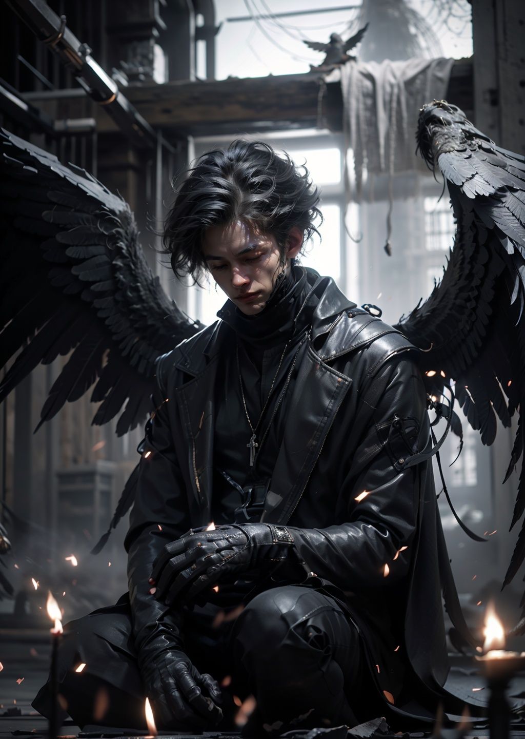 BJ_Daemon, solo, smile, short_hair, shirt, black_hair, gloves, long_sleeves, 1boy, sitting, closed_mouth, jacket, closed_eyes, male_focus, wings, black_gloves, pants, indoors, black_footwear, black_jacket, halo, black_pants, own_hands_together, feathers, feathered_wings, facing_viewer, black_wings, angel_wings, angel, candle, praying, black_feathers,cinematic lighting,strong contrast,high level of detail,Best quality,masterpiece,White background,<lora:Daemon:0.7>,