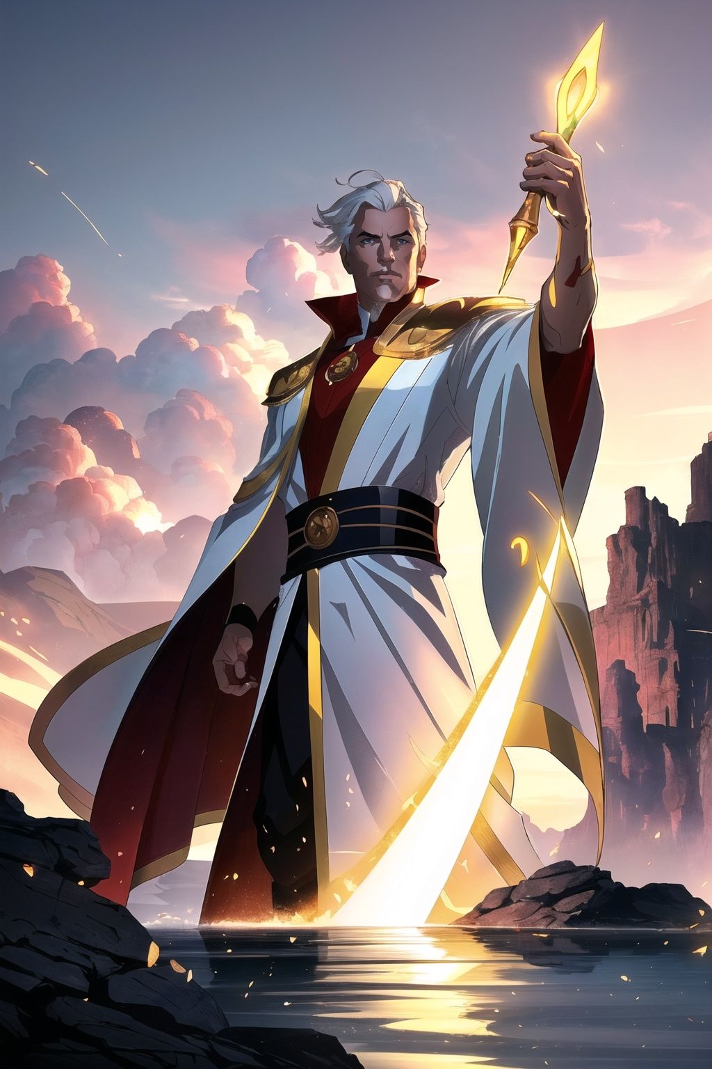 photorealistic photo of a handsome young male wizard,  white wizard shirt with golden trim,  white robe moving in the wind...