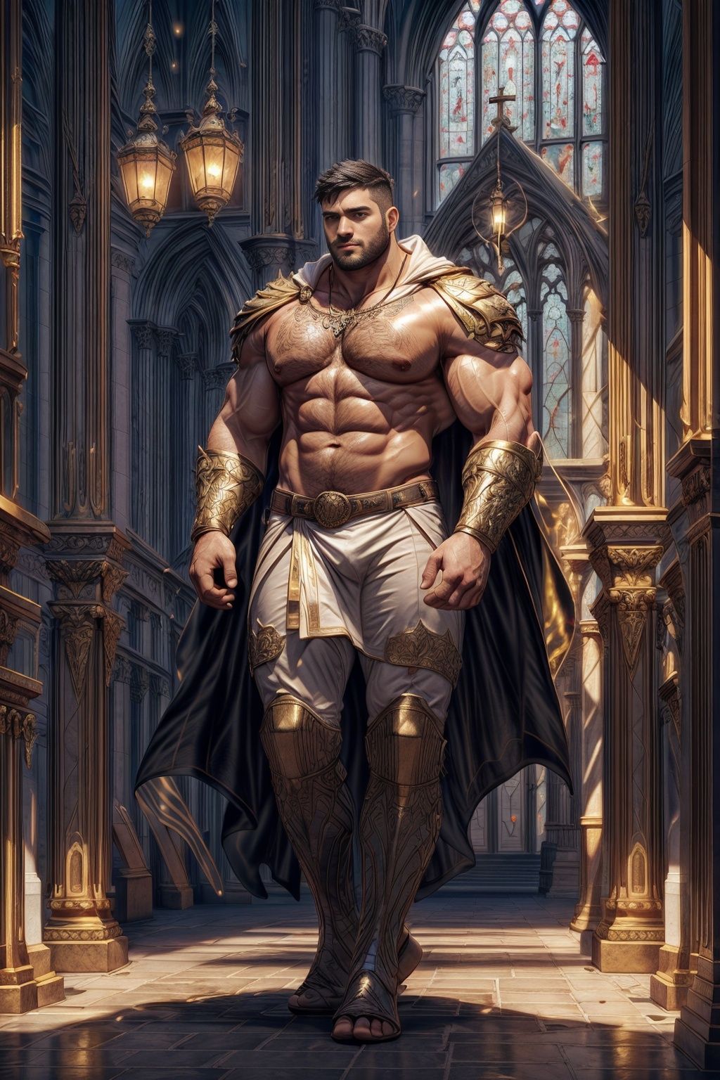 Best quality, masterpiece, ultra high res, detailed background, game_cg,muscular male, mature male, bara stocky, thick arms, thick thigh,(bara:1.1), 35 years old,(very short black hair:1.1),from above,full body, (full shot:1.0), wide shot,hairy,male focus,mature,,male only,bushy bread,nice hands, perfect hands,nice feet,perfect feet,(masterpiece,best quality:1.3),beautiful detailed glow,best illuminate,(((best quality,textile shading,ultra detailed))),extremely detailed CG unity 8k wallpaper,Highly Detailed beautiful and aesthetic,best light,high resolution,detailed,dynamic lighting,super detailed skin,intricate details, hyper detail,outdoors, thick arms, thick thighs,solemn expression,<lyco:NiJiMale_V1:0.3> <lora:Baralora:0.3> <lora:dsharp3-08:0.4> <lyco:GoodHands-beta2:1.0> <lora:more_details:0.8> <lora:IvoryGoldAIv2:0.5>,.in church,no clothes,short hair,completely nude,crotch bulging,fantasy,nudeshort hair, A set of royal drapes with IvoryGold bands on arms,royal IvoryGold cloak,(Cathedral glass background:1.2),Colored light shines through the glass on the ground,epic,photorealistic photo of a handsome young male wizard, white wizard shirt with golden trim, white robe moving in the wind,breaken clothed, perfect face, handsome, (perfect composition:1.4), deviantart hd, artstation hd, concept art, detailed face and body, award-winning photography, margins, detailed face, detailed hands, ,backlight, 12k ultrarealistic, ray tracing, intense gaze, looking at the viewer, cinematic lighting, art by Grzegorz Rutkowski, embers, high fantasy background, action pose, misty,(IvoryGold cloak:1.0),big angel wings,holding holy sword,Best quality, masterpiece, ultra high res, detailed background, game_cg,muscular male, mature male, bara stocky, thick arms, thick thigh,(bara:1.1), 35 years old,(very short black hair:1.1),from above,full body, (full shot:1.0), wide shot,hairy,male focus,mature,,male only,bushy bread,nice hands, perfect hands,nice feet,perfect feet,(masterpiece,best quality:1.3),beautiful detailed glow,best illum 