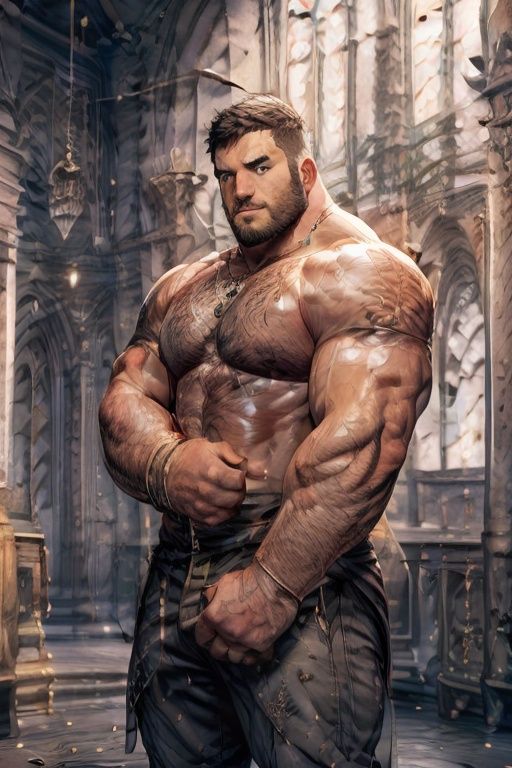 Best quality, masterpiece, ultra high res, detailed background, game_cg,muscular male, mature male, bara stocky, thick arms, thick thigh,(bara:1.1), 35 years old,(very short black hair:1.1),from above,full body, (full shot:1.0), wide shot,hairy,male focus,mature,,male only,bushy bread,nice hands, perfect hands,nice feet,perfect feet,(masterpiece,best quality:1.3),beautiful detailed glow,best illuminate,(((best quality,textile shading,ultra detailed))),extremely detailed CG unity 8k wallpaper,Highly Detailed beautiful and aesthetic,best light,high resolution,detailed,dynamic lighting,super detailed skin,intricate details, hyper detail,outdoors, thick arms, thick thighs,solemn expression,<lyco:NiJiMale_V1:0.6> <lora:Baralora:0.3> <lora:dsharp3-08:0.6> <lyco:GoodHands-beta2:1.0> <lora:more_details:0.8> <lora:IvoryGoldAIv2:0.5>,.in church,no clothes,short hair,completely nude,crotch bulging,fantasy,nudeshort hair, A set of royal drapes with IvoryGold bands on arms,royal IvoryGold cloak,(Cathedral glass background:1.2),Colored light shines through the glass on the ground,epic,photorealistic photo of a handsome young male wizard, white wizard shirt with golden trim, white robe moving in the wind,breaken clothed, perfect face, handsome, (perfect composition:1.4), deviantart hd, artstation hd, concept art, detailed face and body, award-winning photography, margins, detailed face, detailed hands, ,backlight, 12k ultrarealistic, ray tracing, intense gaze, looking at the viewer, cinematic lighting, art by Grzegorz Rutkowski, embers, high fantasy background, action pose, misty,(IvoryGold cloak:1.0),big angel wings,holding holy sword,Best quality, masterpiece, ultra high res, detailed background, game_cg,muscular male, mature male, bara stocky, thick arms, thick thigh,(bara:1.1), 35 years old,(very short black hair:1.1),from above,full body, (full shot:1.0), wide shot,hairy,male focus,mature,,male only,bushy bread,nice hands, perfect hands,nice feet,perfect feet,(masterpiece,best quality:1.3),beautiful detailed glow,best illum