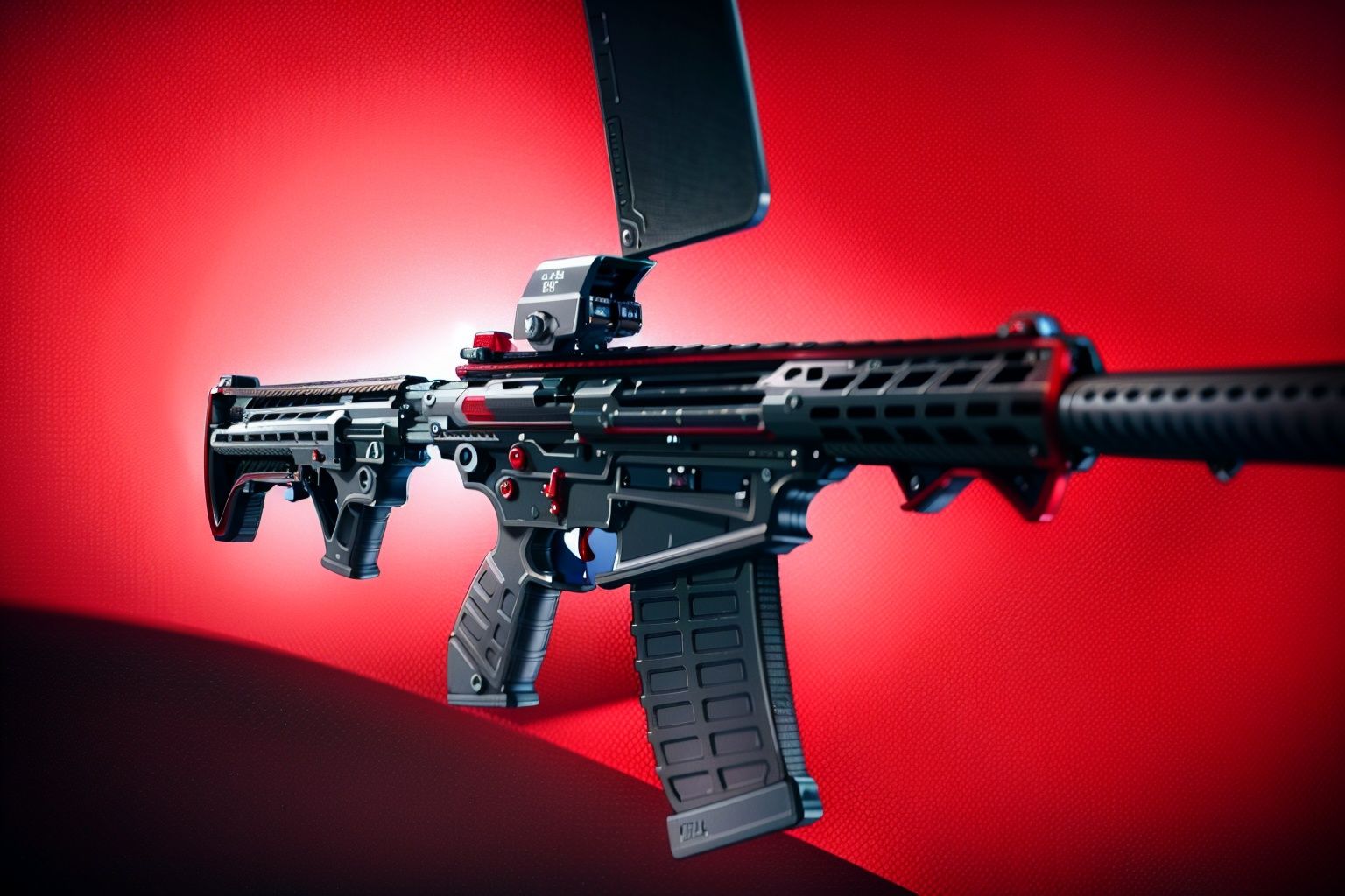 best quality, masterpiec8K.HDR.Intricate details,ultra detailed,8k,masterpiece, best quality, M5A3, red background, (solo), gun <lora:M5A3-2-000009:0.8>, assault rifle, 