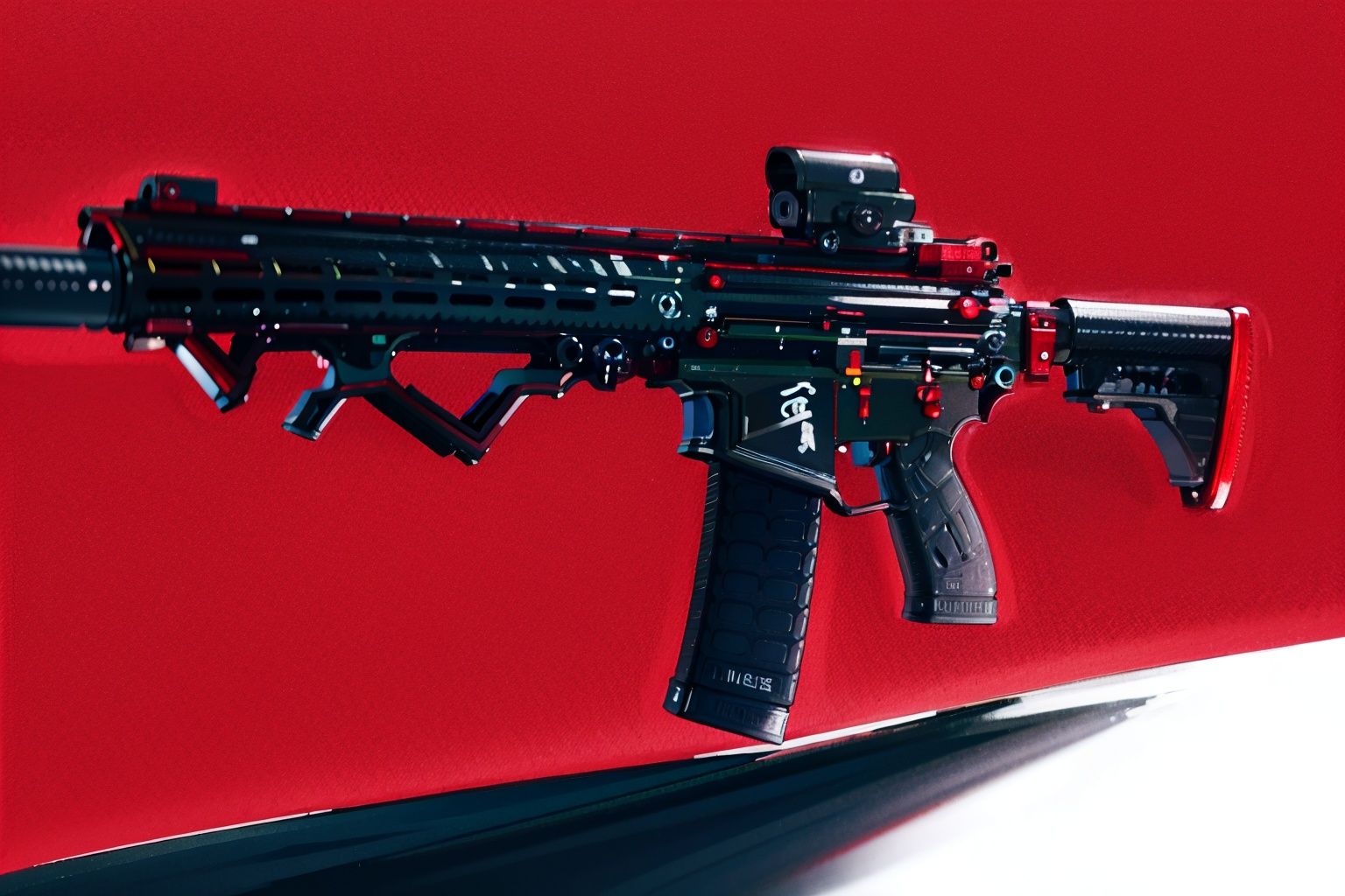 best quality, masterpiec8K.HDR.Intricate details,ultra detailed,8k,masterpiece, best quality, M5A3, red background, (solo), gun <lora:M5A3-2-000009:0.8>, assault rifle, 
