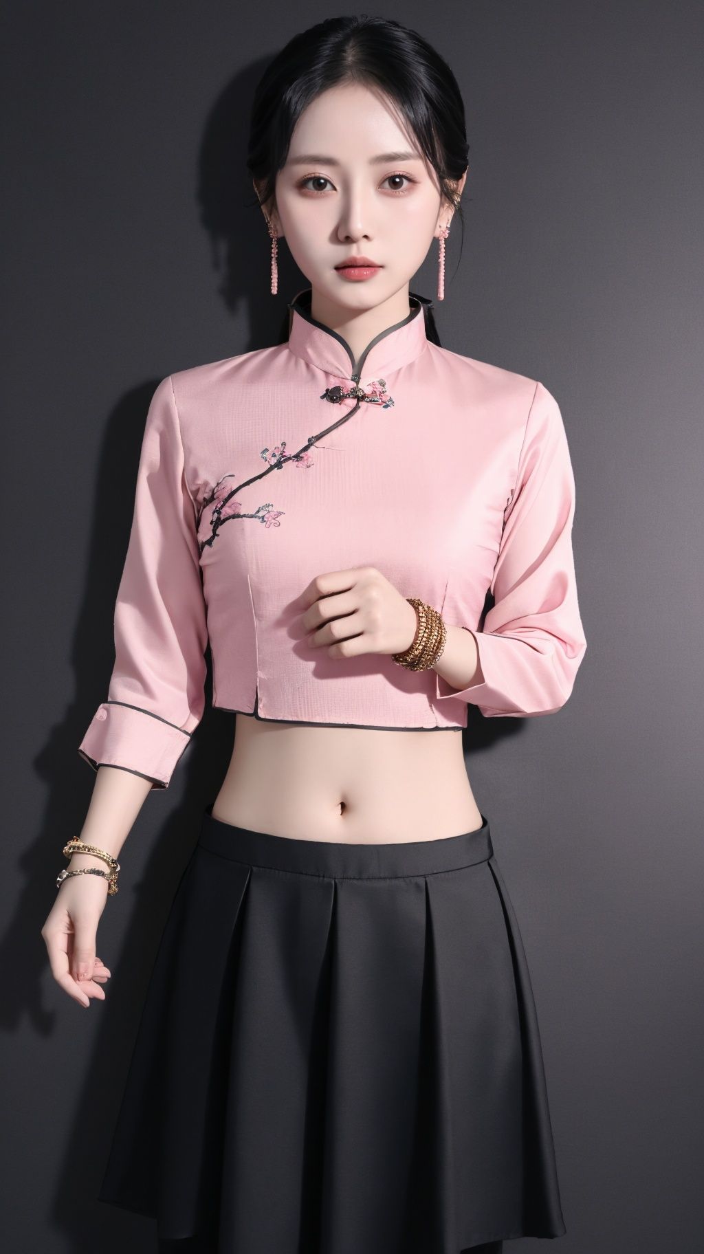 minguo, solo, 1girl, skirt, chinese clothes, bracelet, simple background, head out of frame, pink shirt, black skirt, jewelry, long sleeves, black background, shirt, covered navel