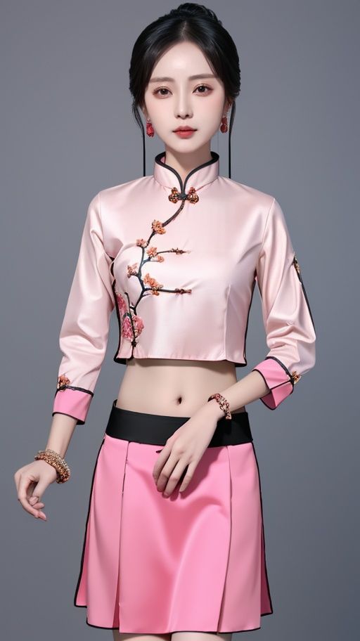 minguo,solo,1girl,skirt,chinese clothes,bracelet,simple background,pink shirt,black skirt,jewelry,long sleeves,shirt,covered navel,
