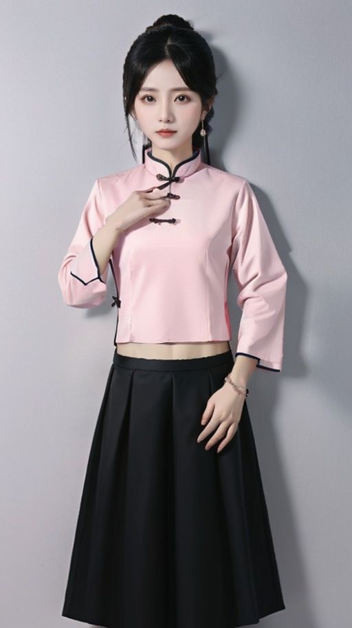 minguo,solo,1girl,skirt,chinese clothes,bracelet,simple background,pink shirt,black skirt,jewelry,long sleeves,shirt,covered navel, <lora:拍立得:0.3>