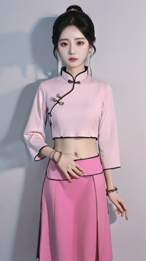 minguo,solo,1girl,skirt,chinese clothes,bracelet,simple background,pink shirt,black skirt,jewelry,long sleeves,shirt,covered navel, <lora:拍立得:0.3>
