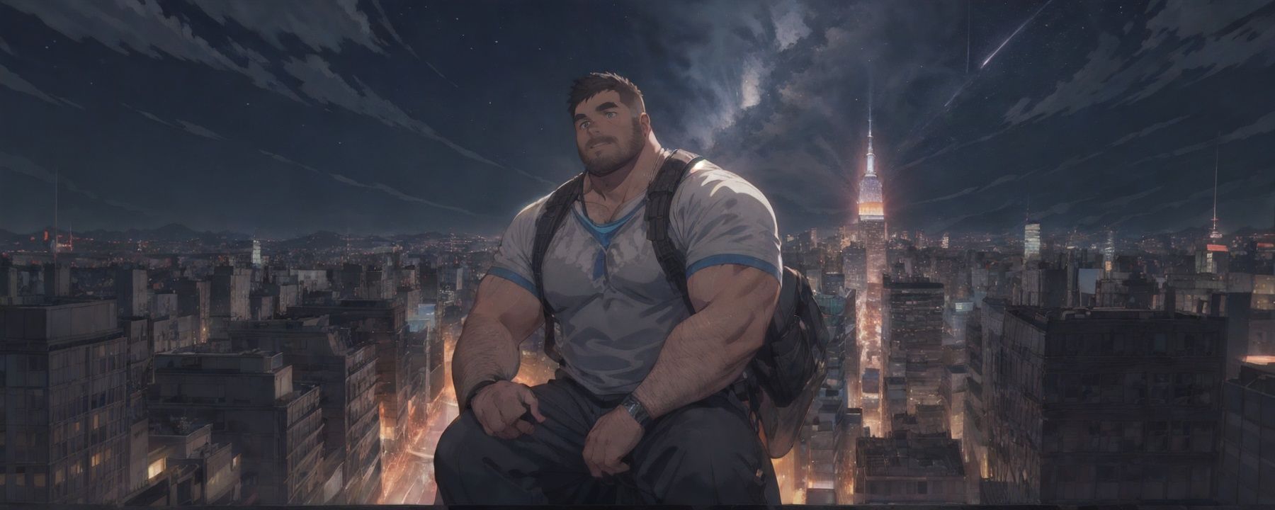 Best quality, masterpiece, ultra high res, detailed background, game_cg, muscular male, mature male, bara stocky, thick arms, thick thighs, Panicked expression, In the night, sunny day,in the city, manhattan,empire state building top, <lyco:NiJiMale_V1:0.4>,from above, full body, full shot, wide shot,(bara:1), (broken:1),35 years old ,very short hair,1boy, future style,cyberpunk city,ocean, red and blue neon lights,cumulonimbus capillatus,starry sky,comet,beautiful detailed glow,