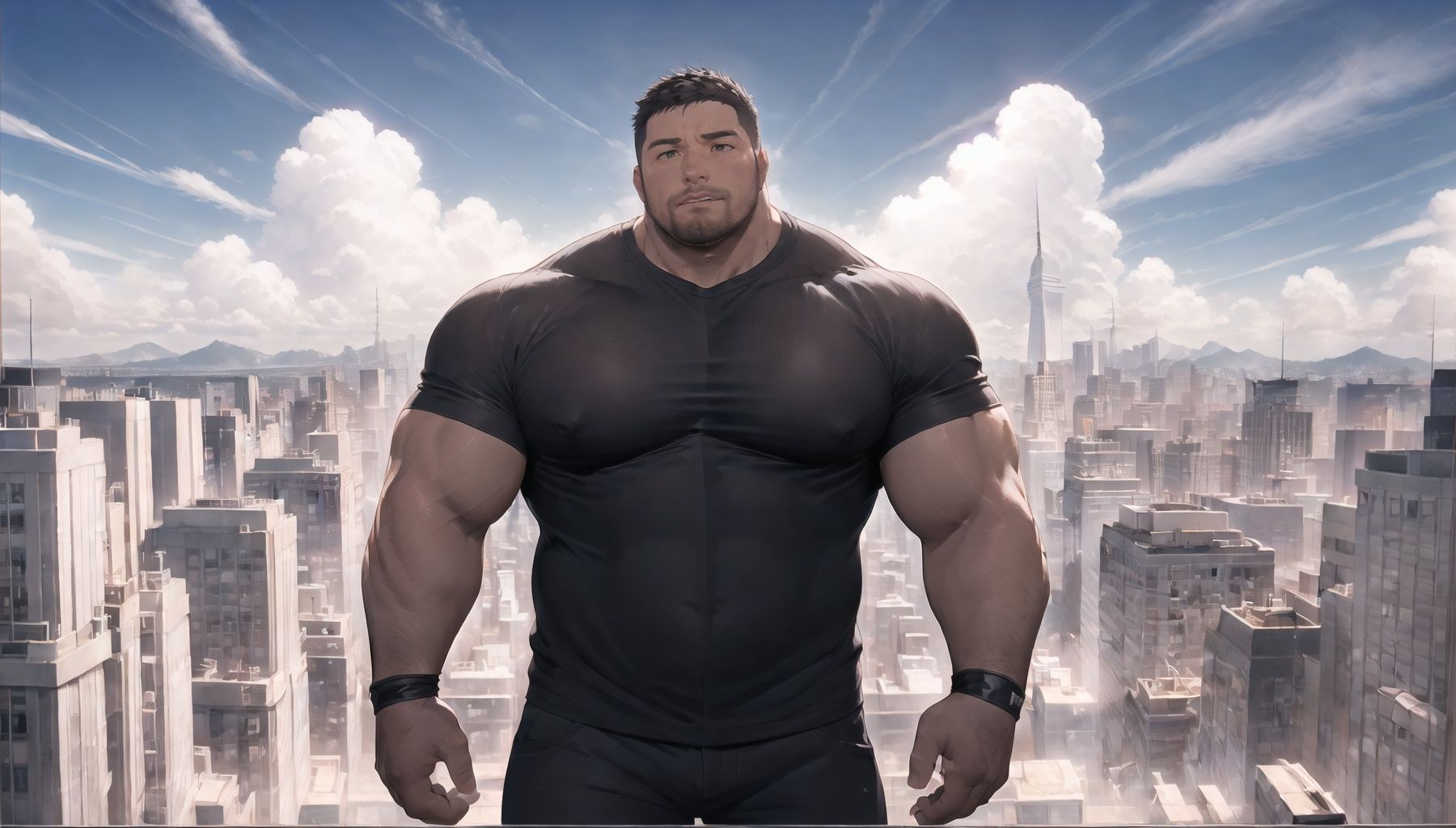 Best quality, masterpiece, ultra high res, detailed background, game_cg, muscular male, mature male, bara stocky, thick arms, thick thighs, Panicked expression, In the afternoon, sunny day,in the city, manhattan,empire state building top,<lyco:GoodHands-beta2:1.2>, <lyco:NiJiMale_V1:0.5>,wrestler,from above, full body, full shot, wide shot,(bara:1), (broken:1),35 years old ,very short hair,<lora:Baralora:0.3> <lora:last:0.5> <lora:Hyper Pecs:0.3> <lora:cbp:0.3>,1boy, <lora:Elixir:1>