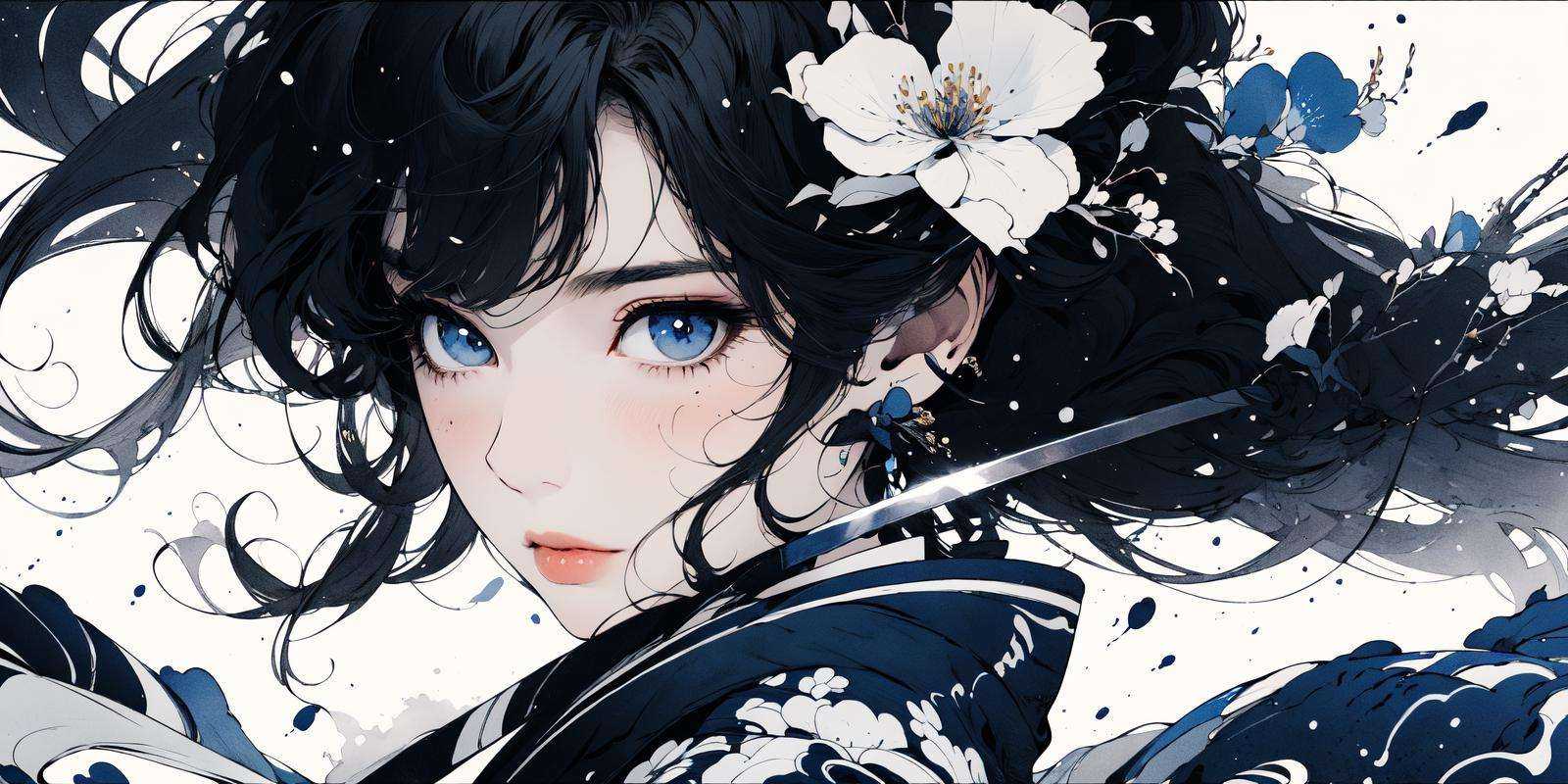 (masterpiece:1.2), best quality,PIXIV, Chinese ink painting,ink wash painting, weapon, solo, 1girl, sword, black hair, looking at viewer, blue flower, eyelashes, blue eyes, flower, bangs, portrait, covered face, katana, close-up, floating hair, white background, hair between eyes, petals, hair flower, simple background, black gloves, light particles, gloves <lora:Chinese ink painting_20230725110925-000018:0.9>