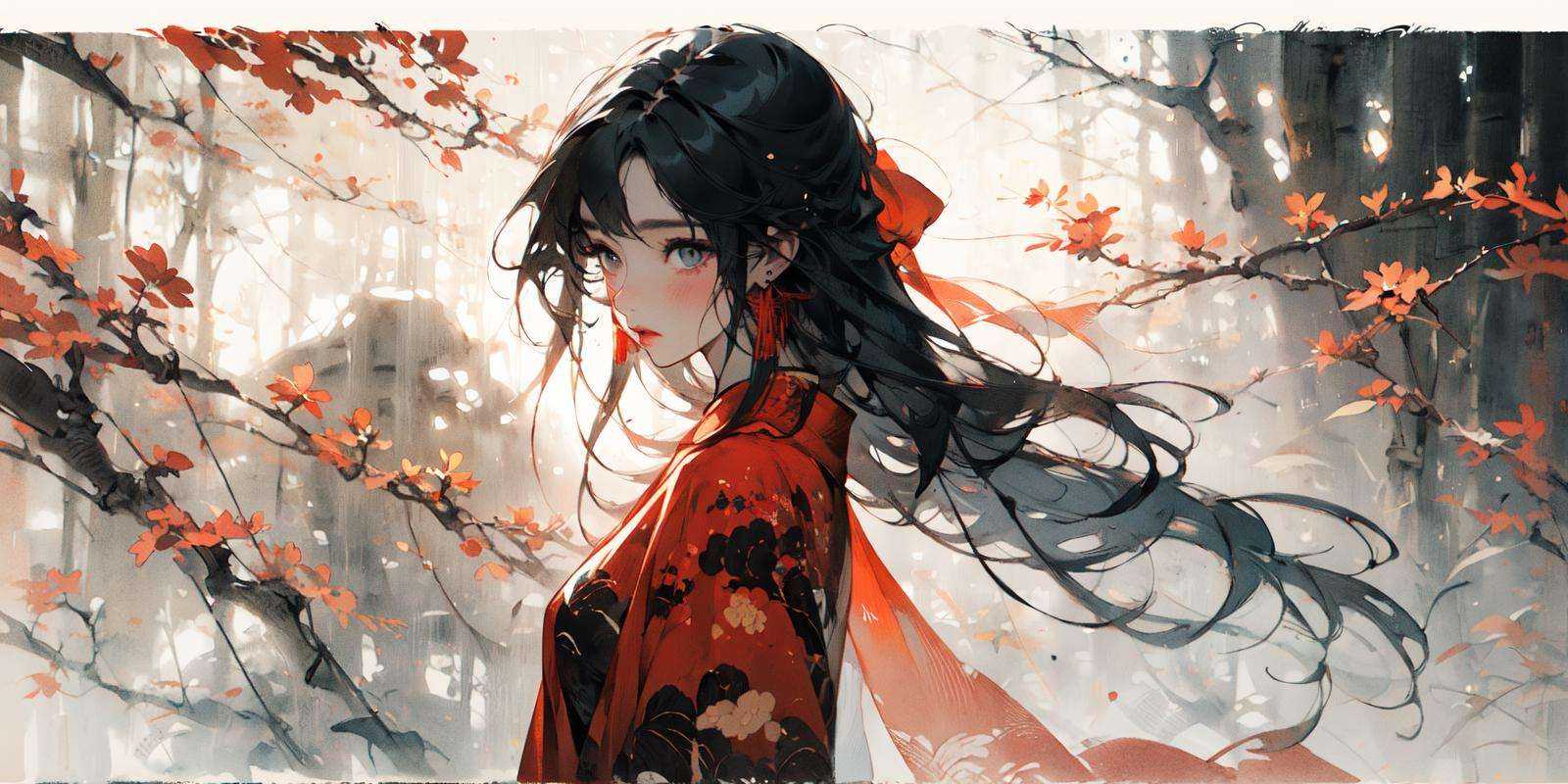 (masterpiece:1.2), best quality,PIXIV,Chinese ink painting,ink wash painting,cowboy shot, 1girl, long hair, jewelry, solo, earrings,black hair,red cloth, <lora:Chinese ink painting_20230725220724-000018:1>