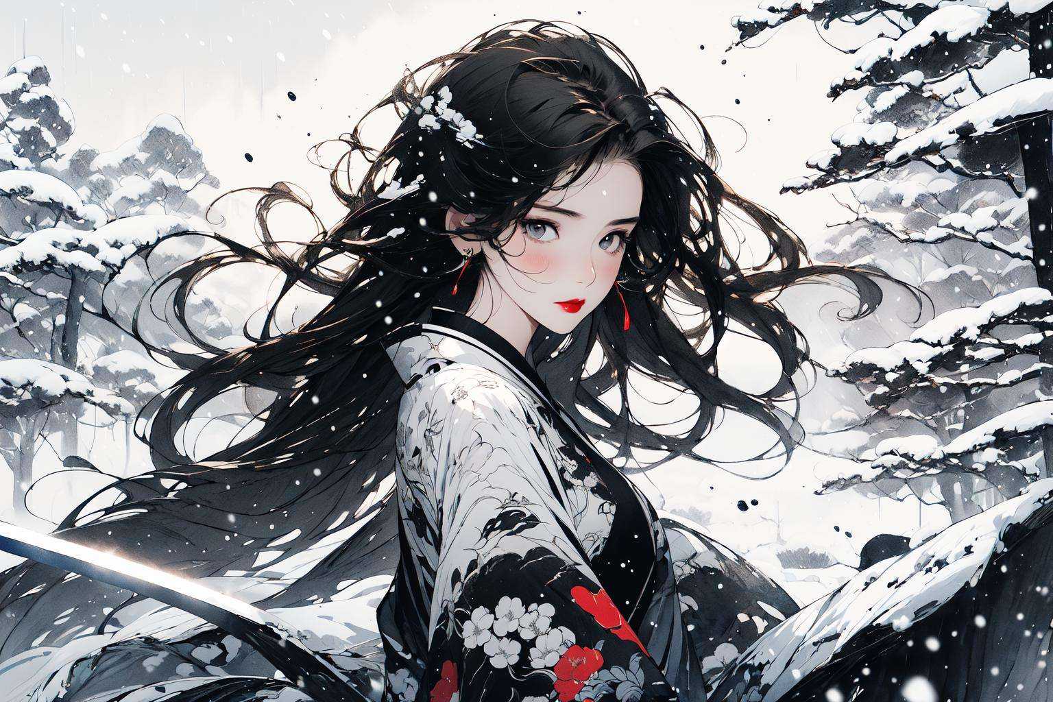 (masterpiece:1.2), best quality,PIXIV, Chinese ink painting,1girl, solo, black hair, long hair, weapon, sword, looking at viewer, jewelry, earrings, upper body, katana, wind, red lips, closed mouth, floating hair, brown eyes, rain, outdoors, snowing, snow, blush, sheath, grey eyes <lora:Chinese ink painting_20230725110925-000018:0.9>