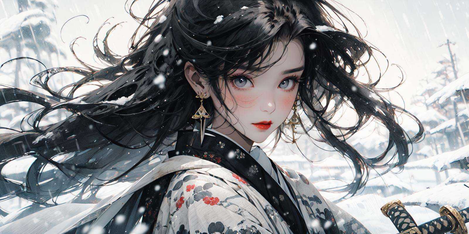 (masterpiece:1.2), best quality,PIXIV,Chinese ink painting,ink wash painting,1girl, solo, black hair, long hair, weapon, sword, looking at viewer, jewelry, earrings, upper body, katana, wind, red lips, closed mouth, floating hair, brown eyes, rain, outdoors, snowing, snow, blush, sheath, grey eyes <lora:Chinese ink painting_20230725220724:0.9>