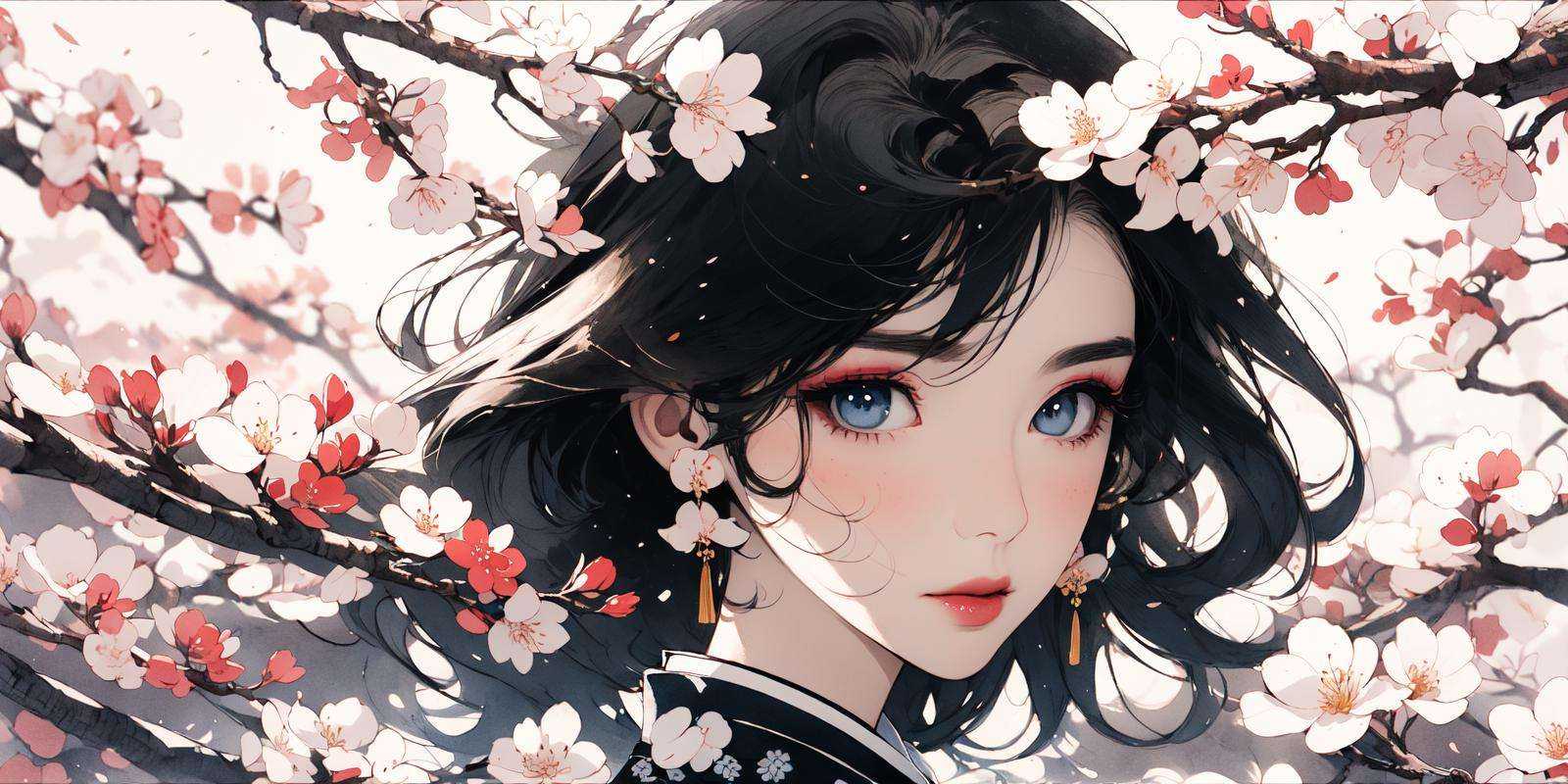 (masterpiece:1.2), best quality,PIXIV, Chinese ink painting,ink wash painting, solo, branch, black hair, 1girl, eyelashes, eyeshadow, cherry blossoms, looking at viewer, portrait, blue eyes, makeup, flower, close-up, covered mouth, dappled sunlight, pink flower, bangs, short hair, eyeliner, petals <lora:Chinese ink painting_20230725110925-000018:0.9>