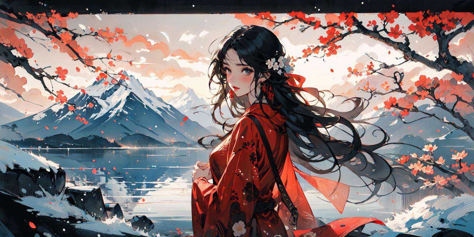 (masterpiece:1.2), best quality,PIXIV,Chinese ink painting,ink wash painting,(cowboy shot:1.2), 1girl, long hair, jewelry, solo, earrings,black hair,red cloth,mountain, Mountain paths, stone statues, stone paths, snow, plum blossoms <lora:Chinese ink painting_20230725220724-000018:0.8>