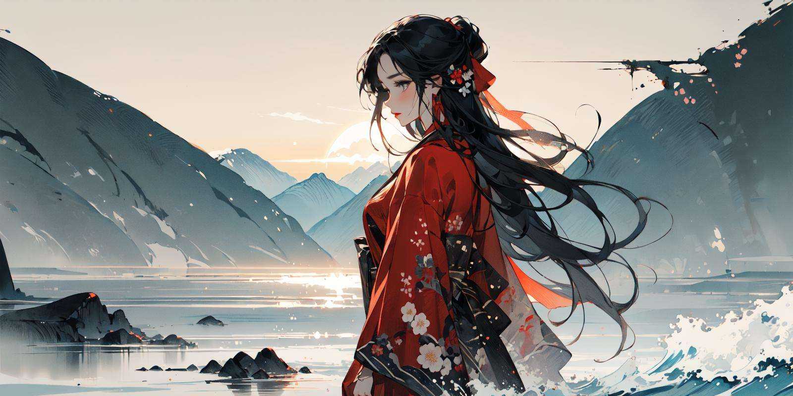 (masterpiece:1.2), best quality,PIXIV,Chinese ink painting,ink wash painting,(cowboy shot:1.2), 1girl, long hair, jewelry, solo, earrings,black hair,red cloth,mountain, Mountain paths, stone statues, stone paths, snow, plum blossoms <lora:Chinese ink painting_20230725220724-000018:0.8>