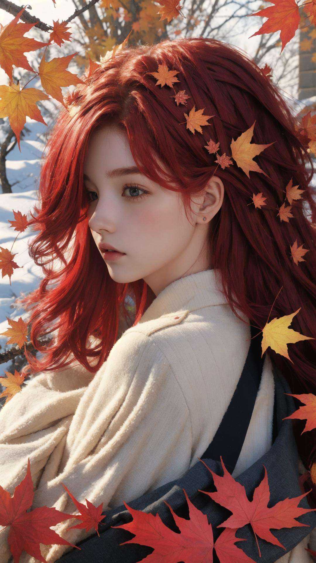 masterpiece, best quality,highres, 1girl, <lora:weddingdress_20230712023801-000002:0.8>, <lora:butterfly:0.5>,  maple leaf, maple leaf hair ornament, red hair