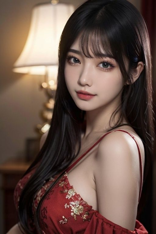 masterpiece, best picture quality, high quality, beautiful girl, Japanese, Japanese school girl, popular Korean makeup, detailed, swollen eyes, detailed eyes, detailed skin, beautiful skin, ultra high resolution, (reality: 1.4), very beautiful, slightly younger face, beautiful skin, slender, (ultra realistic), (illustration), (high resolution), (8K), (highly detailed), (best illustration), (beautifully detailed eyes), (super detailed), (wallpaper), (detailed face), looking at viewer, fine details, detailed face, pureerosfaceace_v1, smiling, looking straight ahead, looking straight ahead, angle from waist up, realistic photo, bright lighting, professional lighting, black hair (some green), long hair, dark ruins, big red moon, gorgeous red and black dress, mature woman, long stylish bangs, <lora:jpcosermix:0.6>