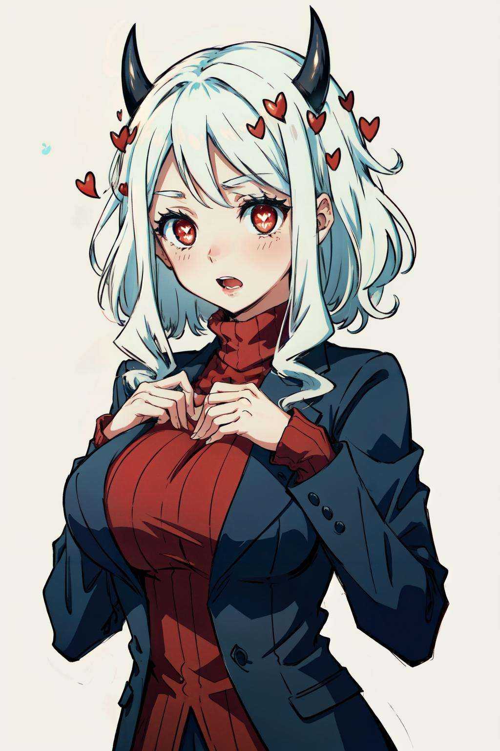 modeus(helltaker), drooling, formal, black horns, large breasts, open mouth, simple background, red eyes, long sleeves, symbol-shaped pupils, upper body, solo, sweater, white hair, black suit, ribbed sweater, blush, turtleneck, 1girl, heart, jacket, demon horns, horns, heart-shaped pupils, red sweater, red background, looking at viewer, own hands together, suit, demon girl<lora:modeus-10:1>