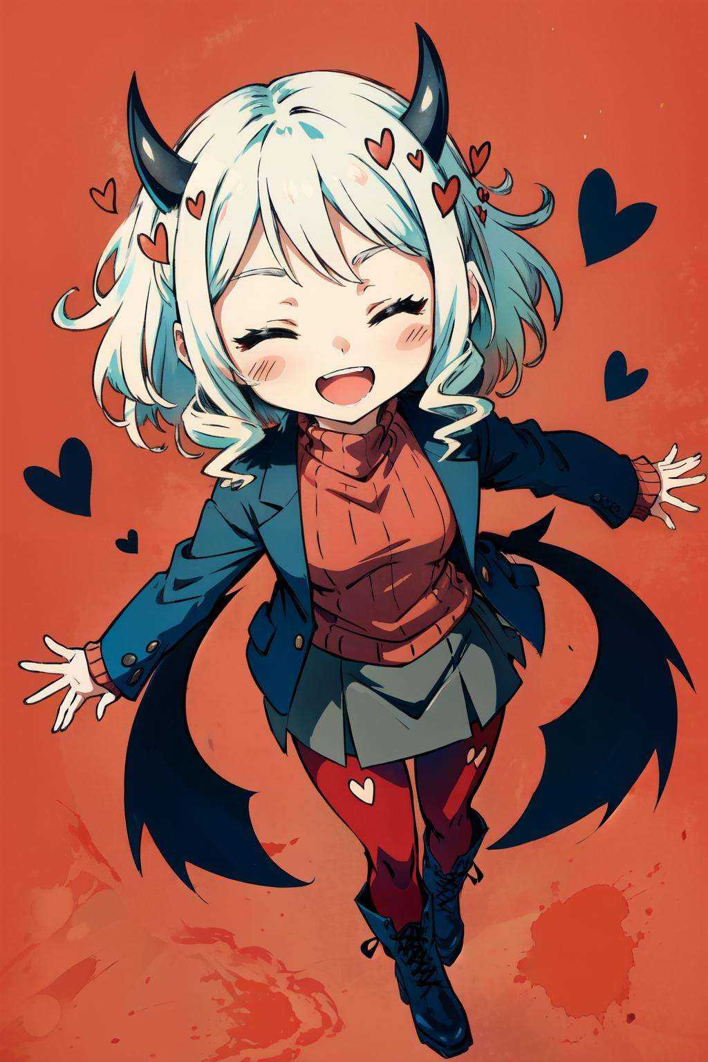 modeus(helltaker), open mouth, simple background, long sleeves, black skirt, solo, sweater, white hair, medium hair, demon tail, smile, chibi, ribbed sweater, :d, skirt, blush, black jacket, 1girl, heart, jacket, demon horns, tail, pantyhose, black tail, horns, blush stickers, closed eyes, red sweater, red background, boots, red pantyhose, demon girl<lora:modeus-10:1>