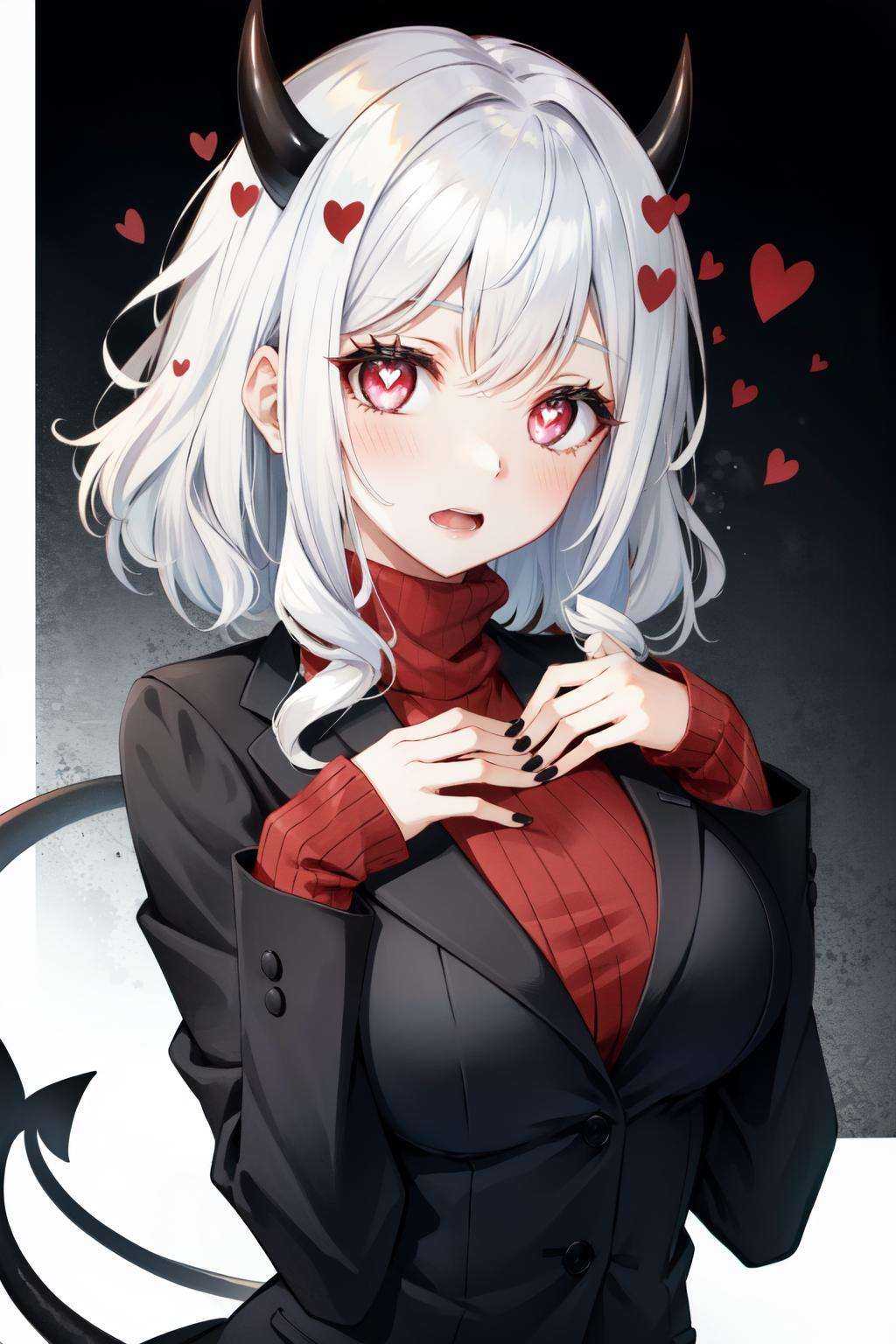 modeus(helltaker), drooling, formal, black horns, large breasts, open mouth, red eyes, long sleeves, symbol-shaped pupils, upper body, white background, solo, sweater, white hair, medium hair, black suit, demon tail, sleeves past wrists, ribbed sweater, black nails, blush, turtleneck, black jacket, 1girl, heart, jacket, demon horns, tail, horns, heart-shaped pupils, red sweater, looking at viewer, suit, demon girl<lora:modeus-10:1>