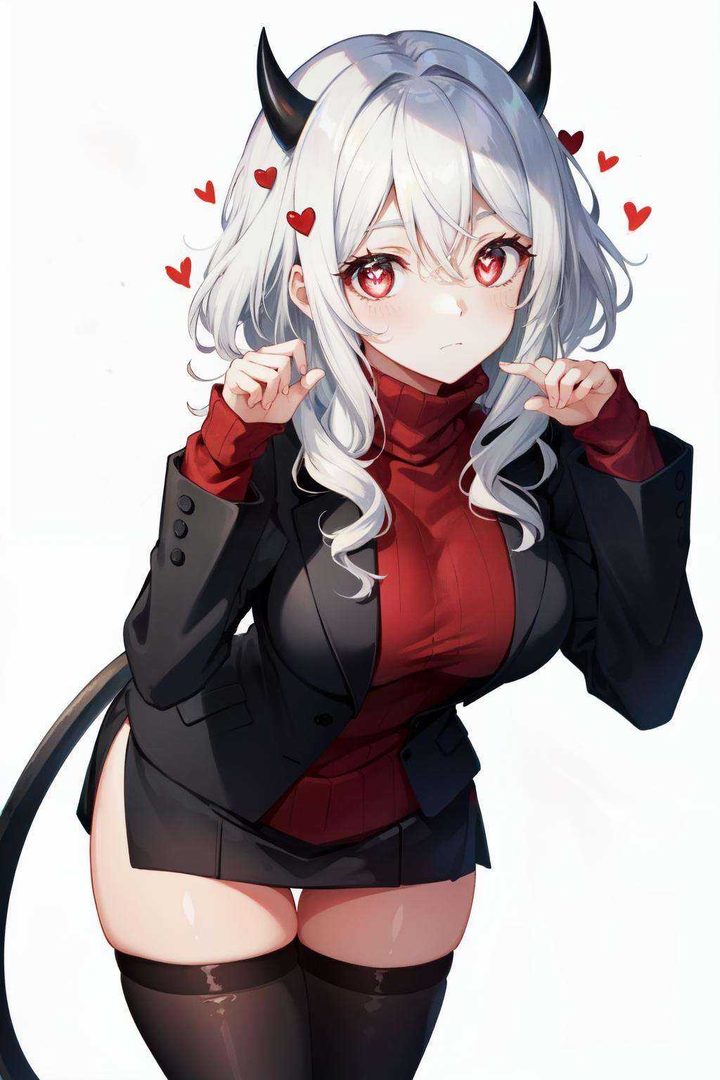 modeus(helltaker), black horns, large breasts, simple background, red eyes, long sleeves, closed mouth, symbol-shaped pupils, clothes tug, white background, black thighhighs, solo, sweater, long hair, white hair, medium hair, demon tail, sleeves past wrists, ribbed sweater, thighhighs, blush, turtleneck, 1girl, turtleneck sweater, heart, demon horns, tail, leaning forward, black tail, horns, heart-shaped pupils, red sweater, looking at viewer, hair between eyes, cowboy shot, demon girl<lora:modeus-10:1>