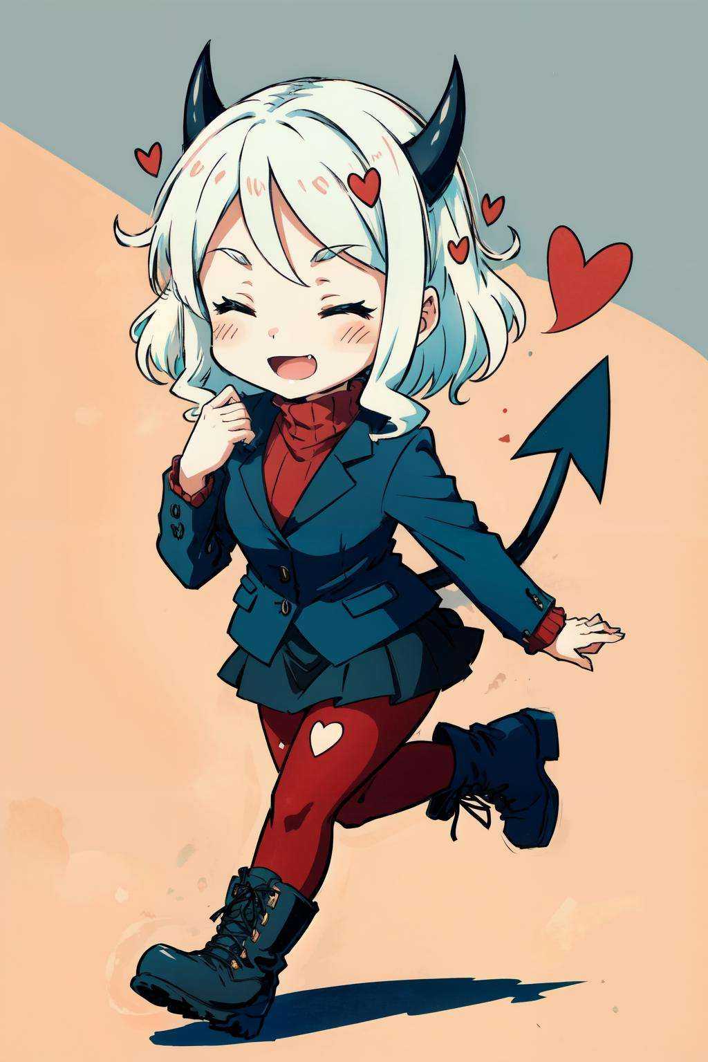 modeus(helltaker), open mouth, simple background, long sleeves, black skirt, solo, sweater, white hair, medium hair, demon tail, smile, chibi, ribbed sweater, :d, skirt, blush, black jacket, 1girl, heart, jacket, demon horns, tail, pantyhose, black tail, horns, blush stickers, closed eyes, red sweater, red background, boots, red pantyhose, demon girl<lora:modeus-10:1>