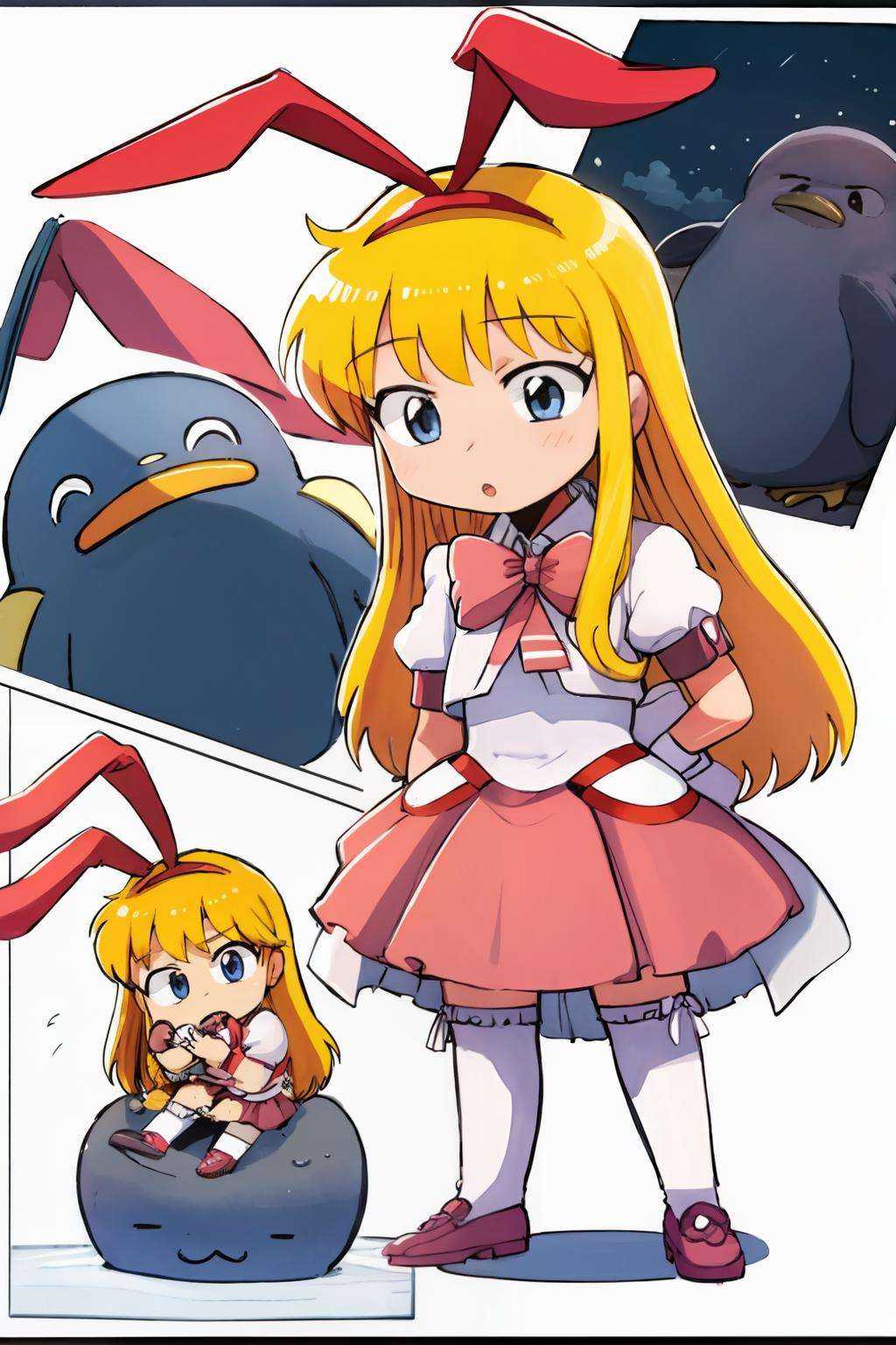 masterpiece, best quality,  <lora:KoromoAmae:1>,1girl,amae koromo,blonde hair, long hair,rabbit ears, hairband,blue eyes,school uniform,skirt,white thighhighs,penguin, stuffed animal,  <lora:style05:1>,multiple girls, multiple views, comic,border,koma,(chibi:1.4)