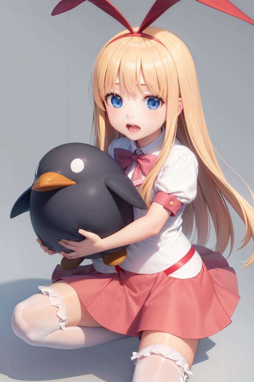 masterpiece, best quality,  <lora:KoromoAmae:1>,1girl,amae koromo,blonde hair, long hair,rabbit ears, hairband,blue eyes,school uniform,skirt,white thighhighs,grey background, penguin, stuffed animal, 