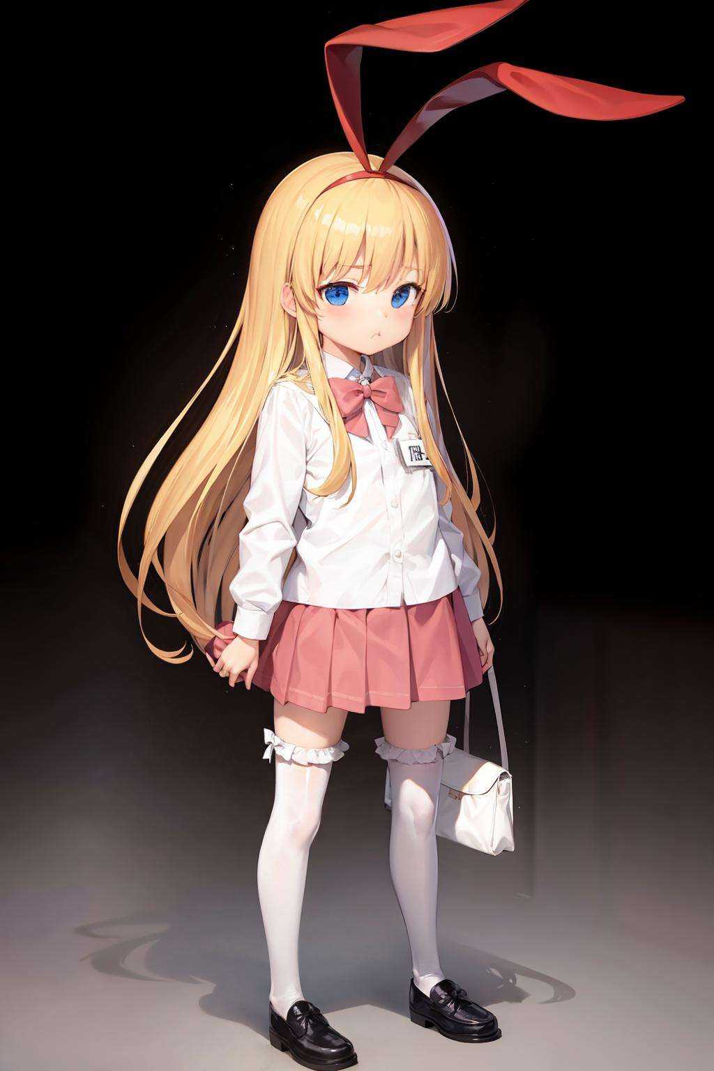 masterpiece, best quality,  <lora:KoromoAmae:1>,1girl, kindergarten uniform, long hair, solo, skirt, blonde hair, thighhighs, shoes, blue eyes, animal ears, pink skirt, rabbit ears, full body, shirt, blue shirt,shaded face, bow, long sleeves, standing, bowtie, white thighhighs, pleated skirt, name tag, very long hair, hairband, aged down, red bow, :t, pout, uwabaki, zettai ryouiki, white footwear, empty eyes, looking at viewer, bangs, :i, child, bag, miniskirt, ribbon, closed mouth