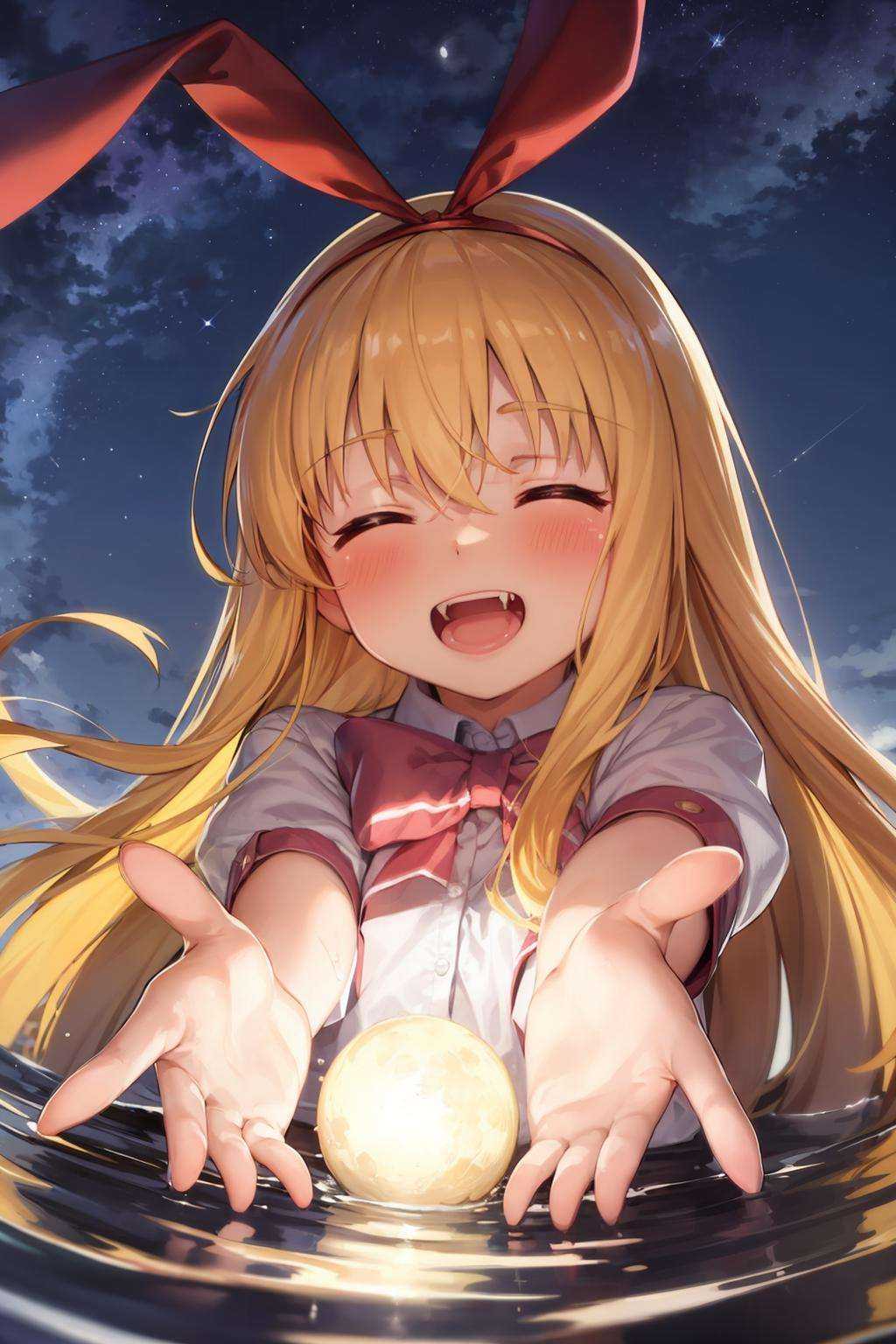 masterpiece, best quality,  <lora:KoromoAmae:1>,A girl a glowing moon in her hands, solo, fang, long hair, blonde hair, water, closed eyes, animal ears, rabbit ears, blush, night, smile, open mouth, sky, happy, bow, night sky, hairband, foreshortening, star (sky), ribbon, very long hair,glowing moon