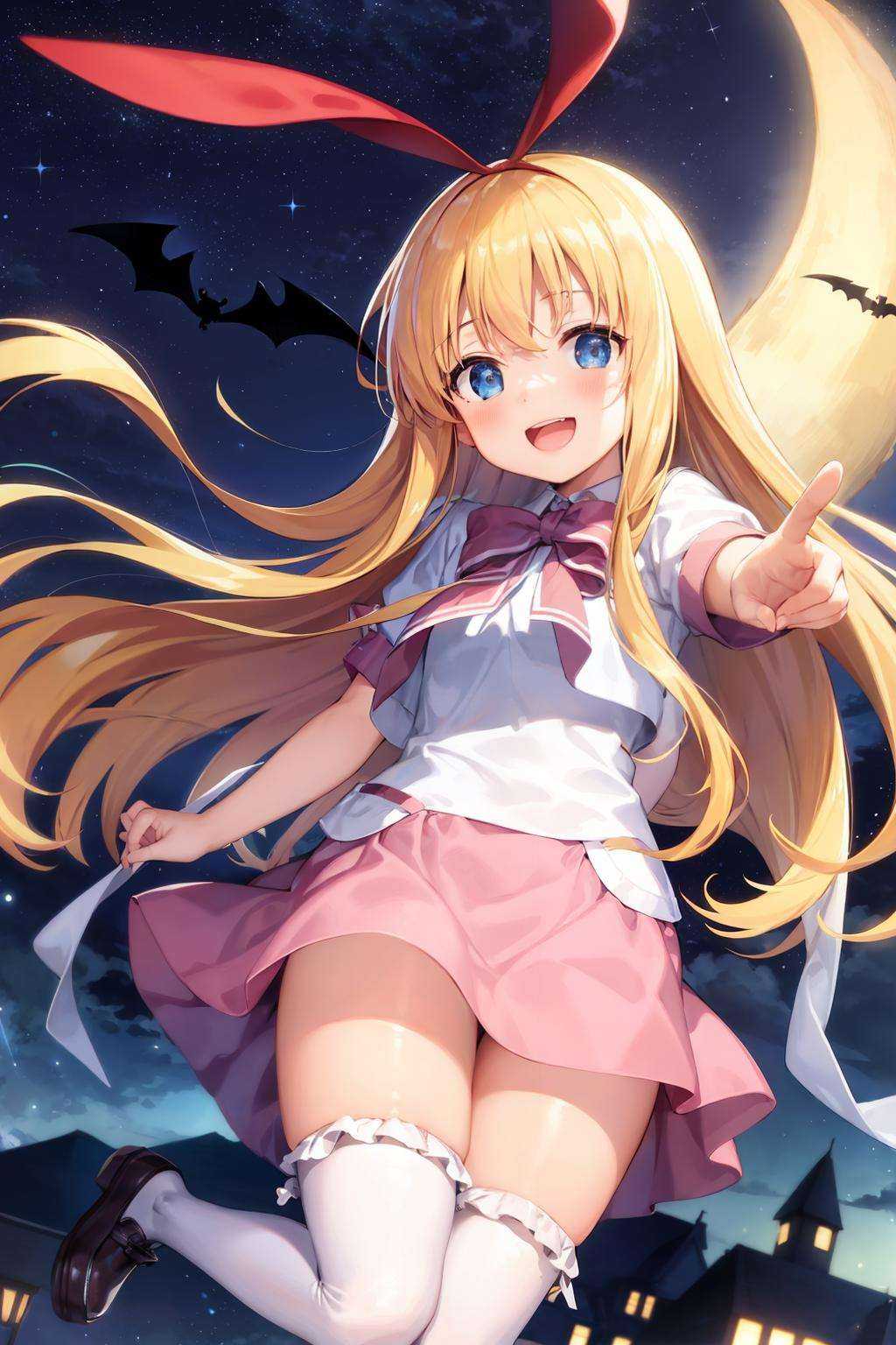 masterpiece, best quality,  <lora:KoromoAmae:1>,1girl, crescent moon, long hair, blonde hair, solo, moon, bat (animal), thighhighs, open mouth, skirt, blue eyes, smile, blush, hairband, shoes, star (symbol), rabbit ears, animal ears, white thighhighs, night, looking at viewer, pink skirt, sky, star (sky), very long hair, tree, :d, night sky, pointing, ribbon, school uniform, starry sky, zettai ryouiki