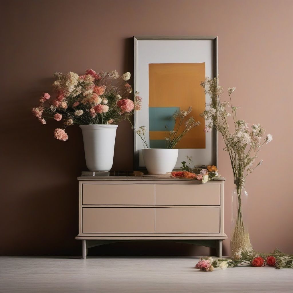 paint color wall surrounded by  dresser with flowers, in the style of rodenstock imagon 300mm f/5.8, minimalist ceramics, asymmetrical framing, use of screen tones, nature morte, distinct framing, framing,