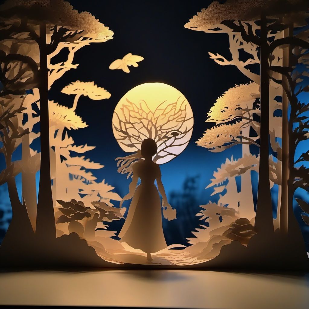 pop-up delicate paper carving artwork with soft backlight illumination,light in background,  anime, cartoon, kawaii, amazing visual effect, soft color blending,closeup,silhouette,((masterpiece)), (((best quality))), ((ultra-detailed)), ((delicate details)), Strong contrast,