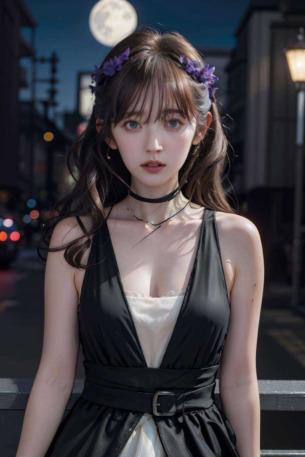 ((masterpiece)),(extremely detailed 4k cg),(best quality),extremely detailed wallpaper,  <lora:highmore_publish_v2:0.8>,highmore,night sky, starry sky, moon, sitting, street, city lights, city, upper body, (purple_arm:1.3) <lora:明日方舟海沫:0.8> <lora:Suzuki:1:face>
