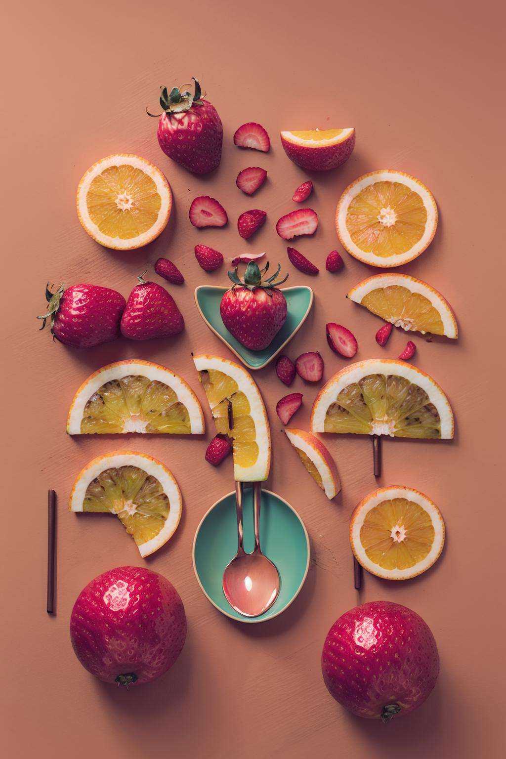 artist_name, food, fruit, no_humans, orange_\(fruit\), red_background, simple_background, strawberry, tomato, pink_background, spoon, food_focus, still_life, orange_slice, knolling+laydown<lora:laydown:1>